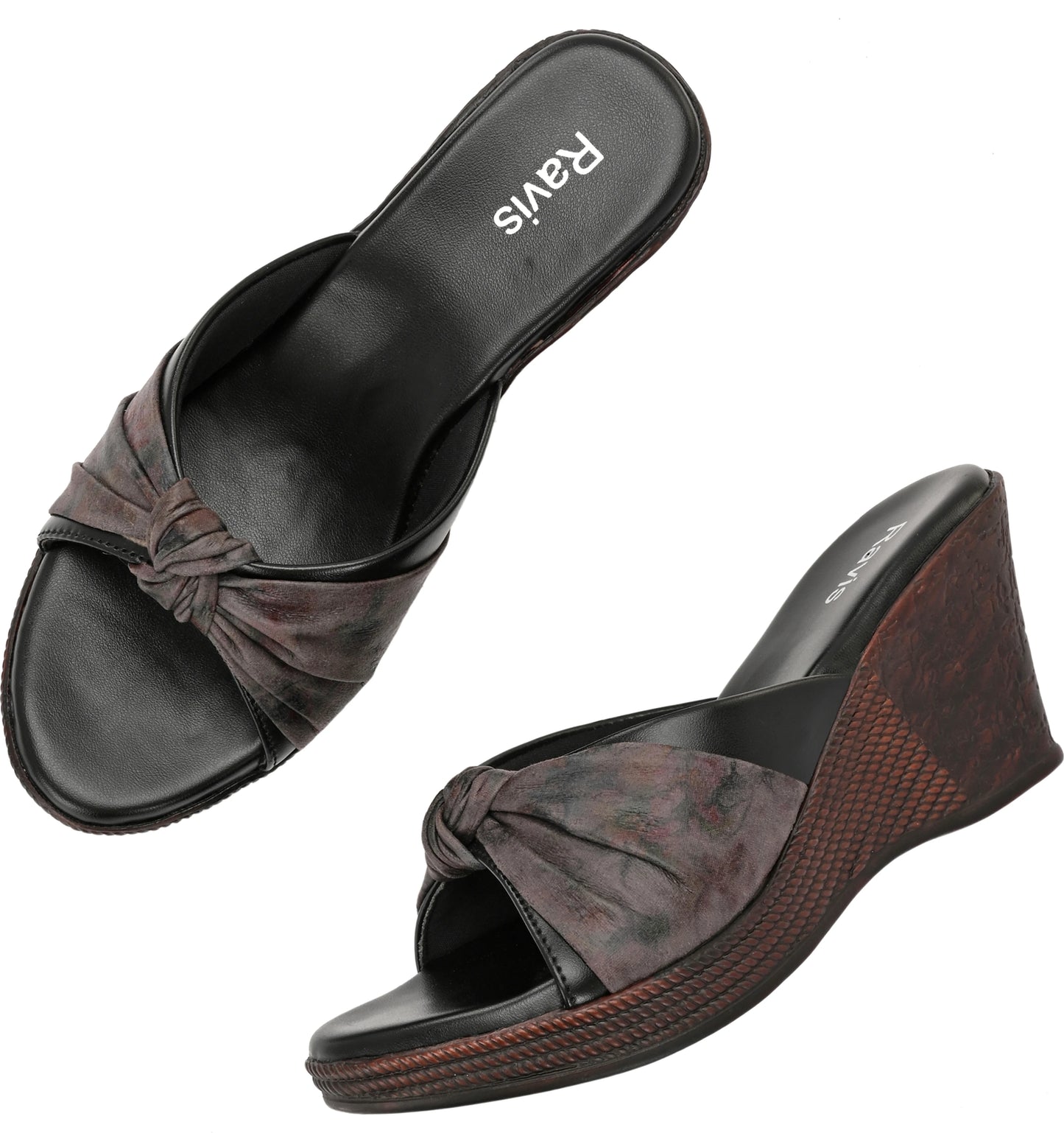 black Ravis Floral High Heel Wedges for Women Close Up Detail Ravis Footwear