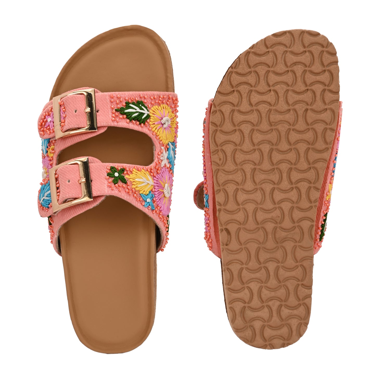 RAVIS Boho Bloom Buckle Slides – Floral Embroidered Casual Slippers for Women