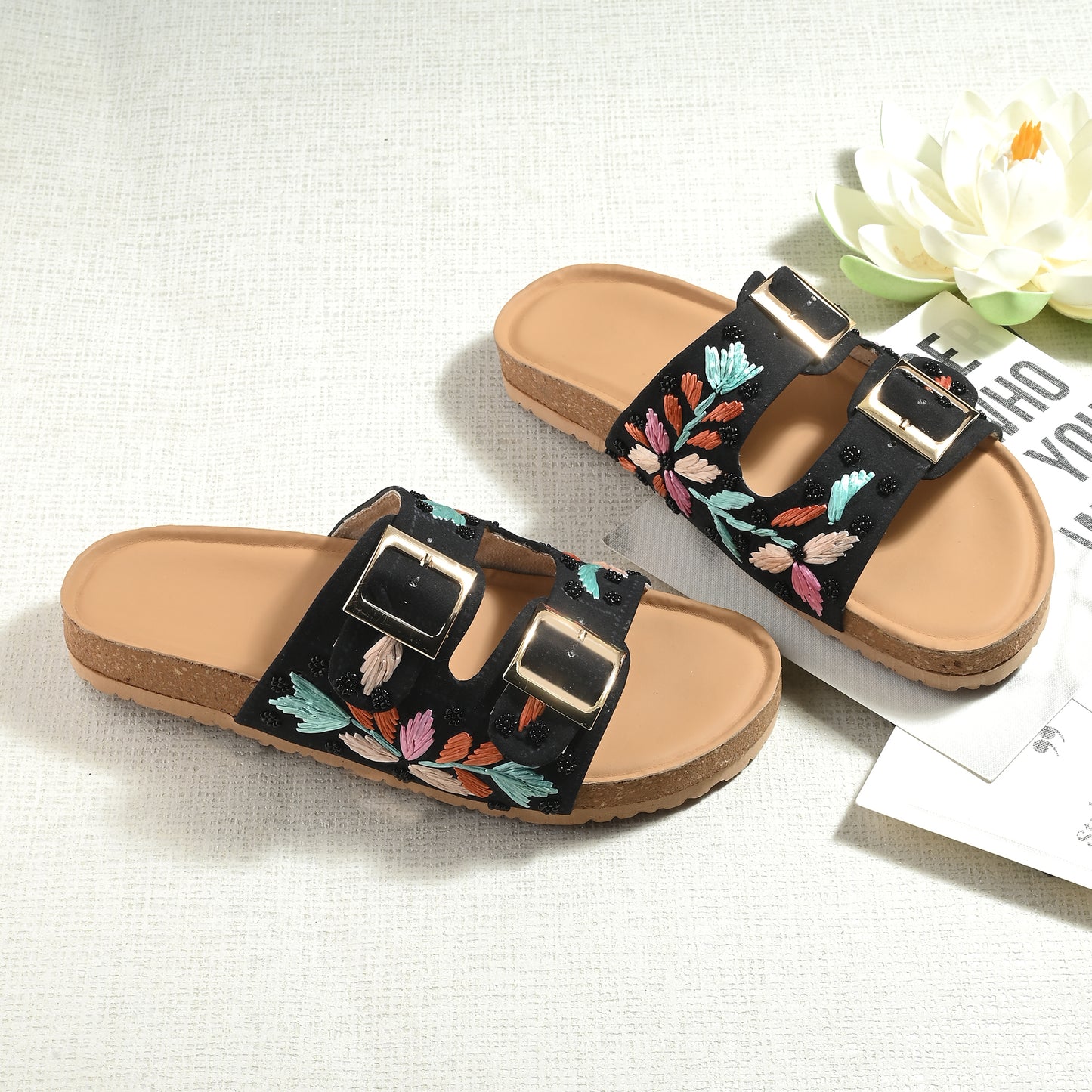 RAVIS Vacation Bloom Comfort Slides – Double Buckle Floral Slippers for Women
