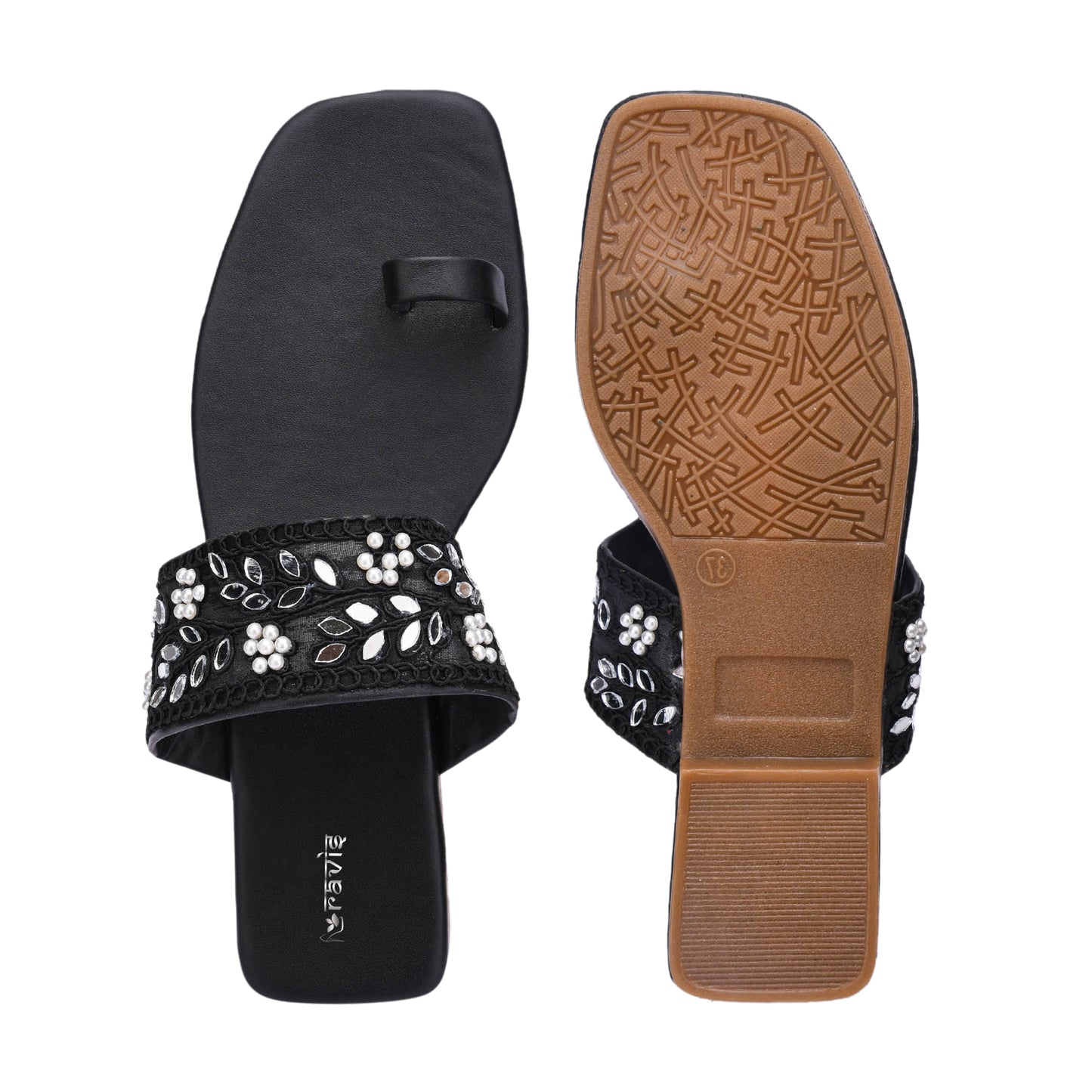 RAVIS SparkToe Black Toe-Ring Ethnic Flats for Women