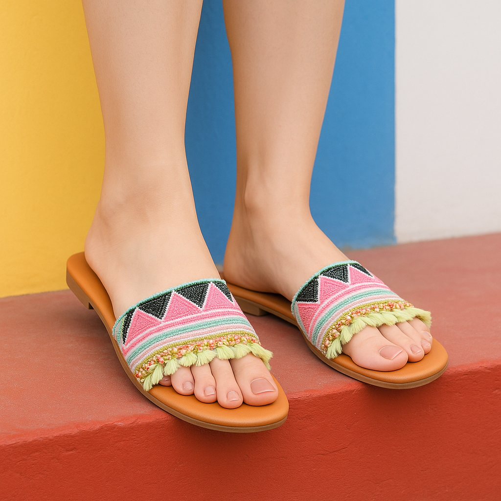 RAVIS Boho Fringe Slides for Women – Trendy Tassel Flats for Casual Outings