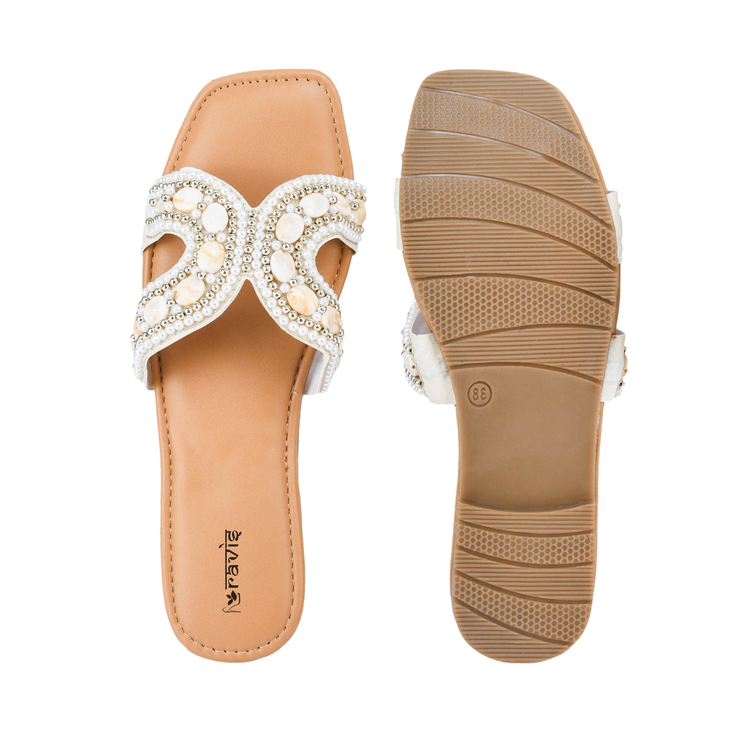RAVIS Sheshell Cream Moti Embellished Flat Slippers