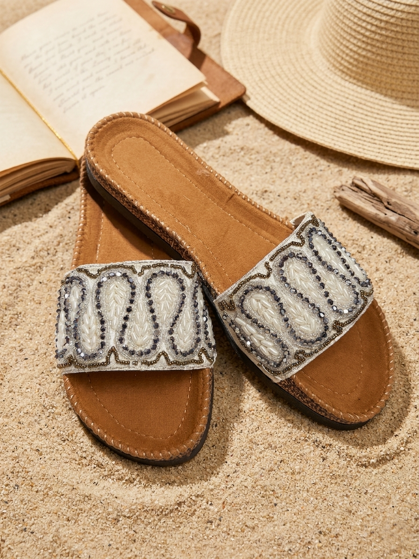 White | DesertMuse Embroidered Slippers