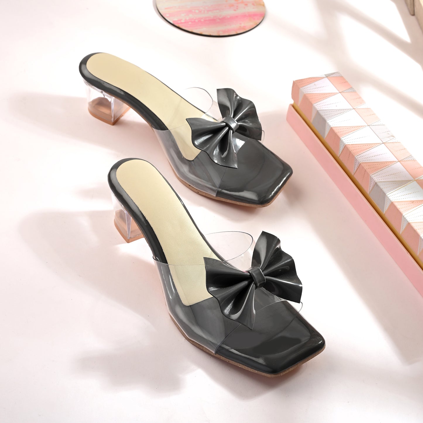 RAVIS LuxeBow Transparent Black Heels for Women