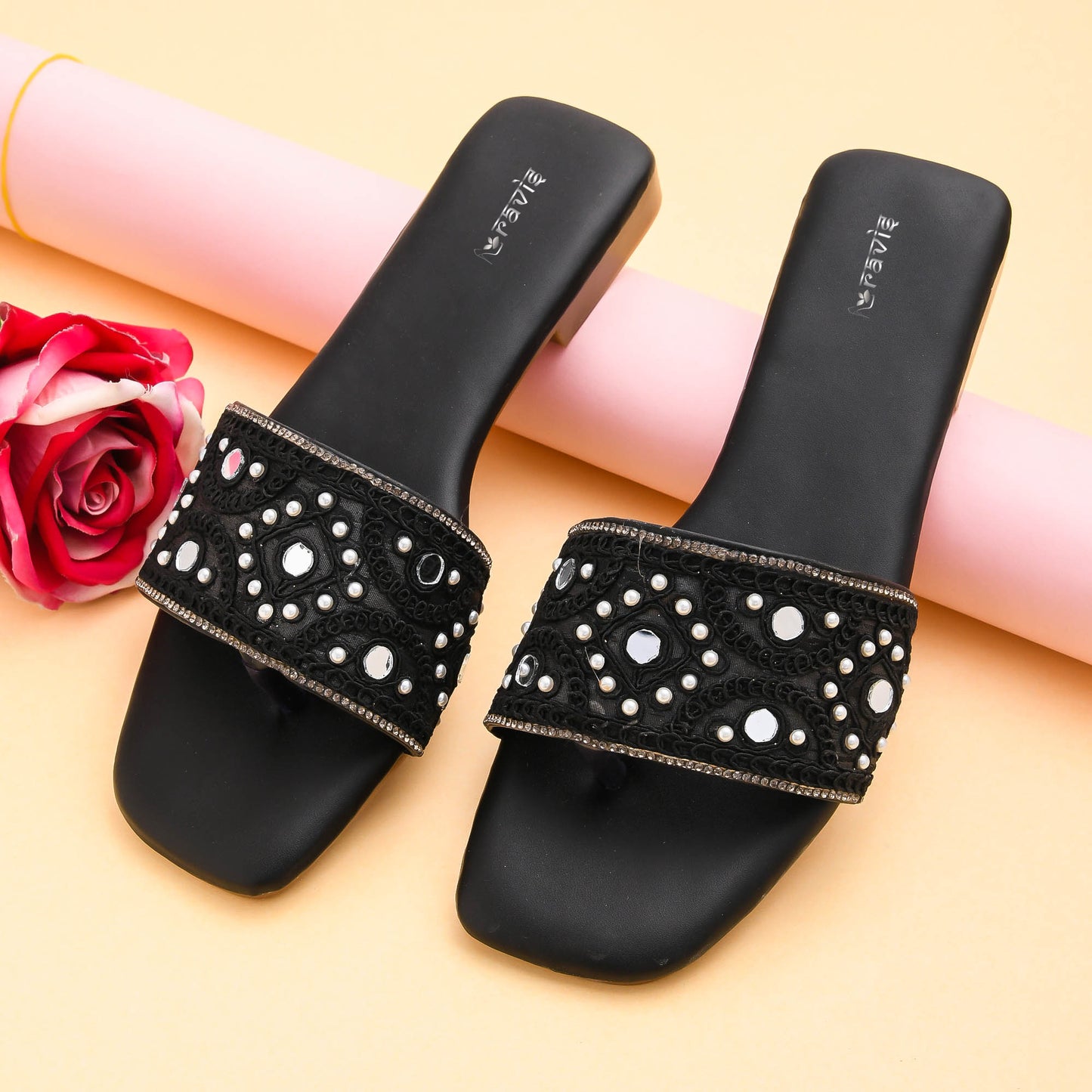 RAVIS NoirBead Black Beaded Ethnic Flats for Women
