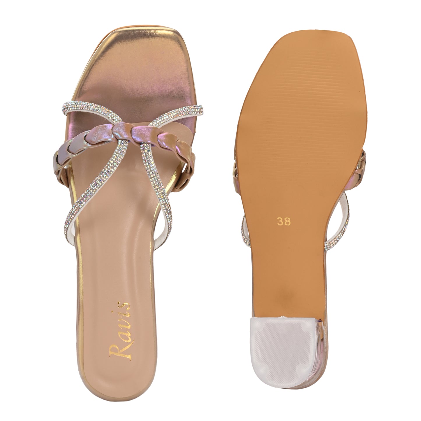 Ravis Criss-Cross Transparent Heels – Party Wear Block Slip-Ons for Women