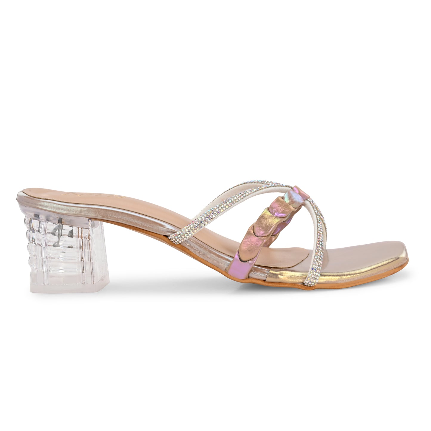 Ravis Criss-Cross Transparent Heels – Party Wear Block Slip-Ons for Women