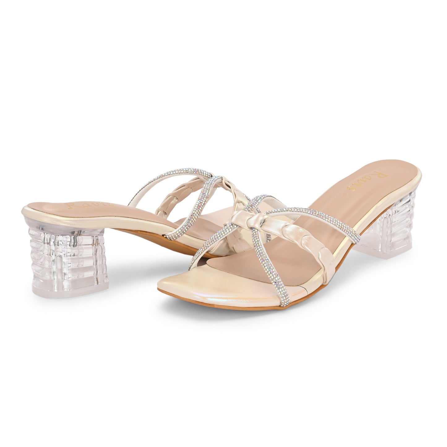 Ravis Criss-Cross Transparent Heels – Party Wear Block Slip-Ons for Women