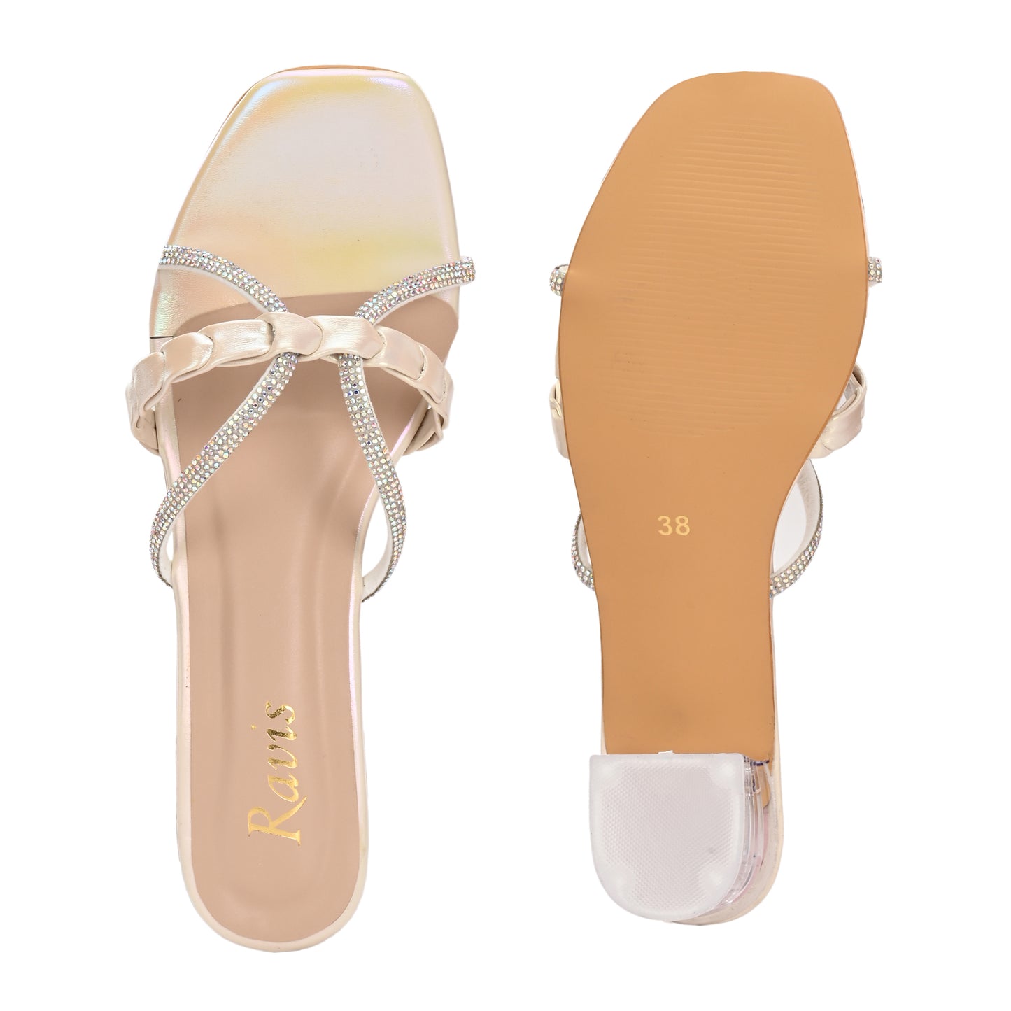 Ravis Criss-Cross Transparent Heels – Party Wear Block Slip-Ons for Women