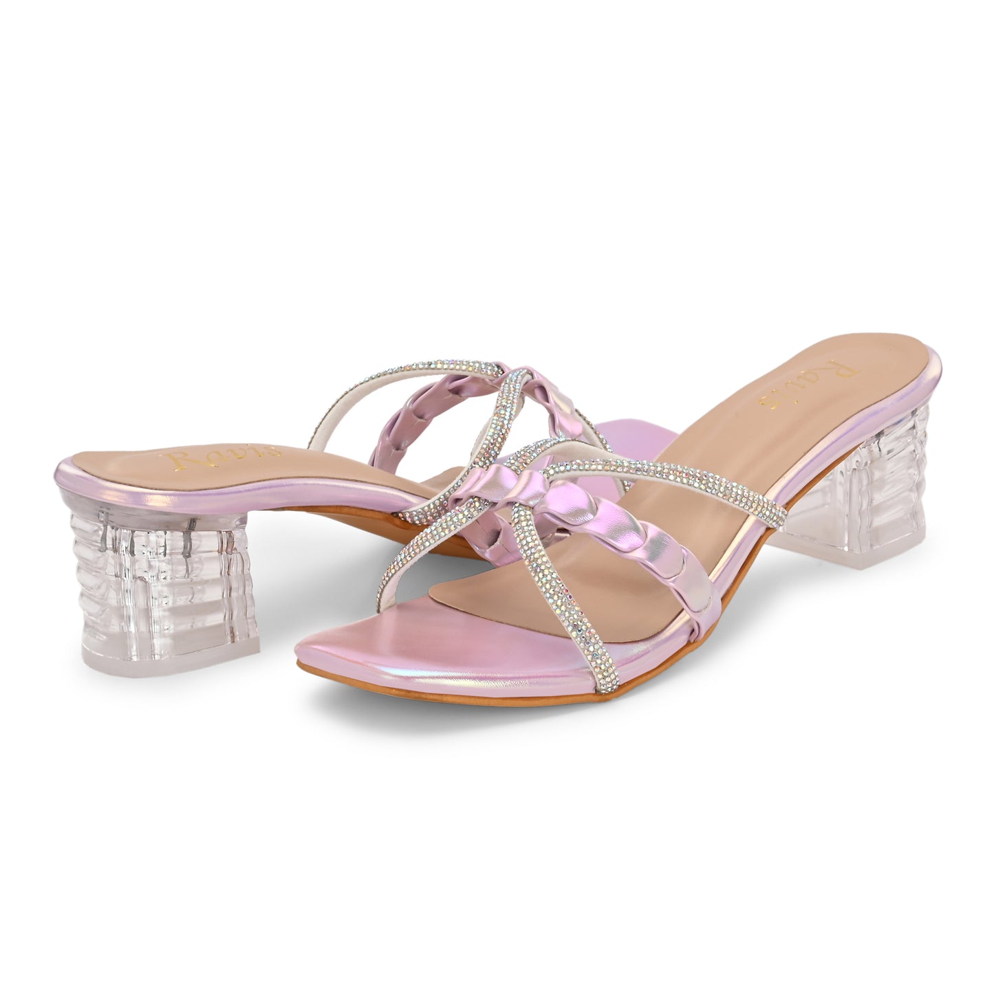 Ravis Criss-Cross Transparent Heels – Party Wear Block Slip-Ons for Women