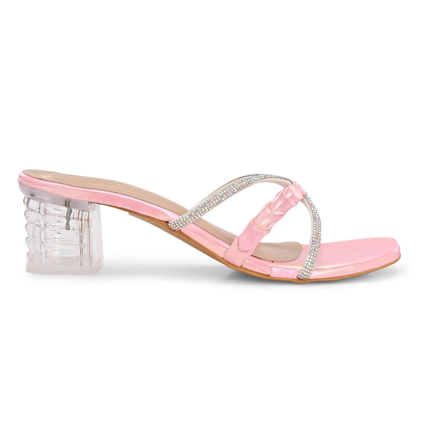 Ravis Criss-Cross Transparent Heels – Party Wear Block Slip-Ons for Women