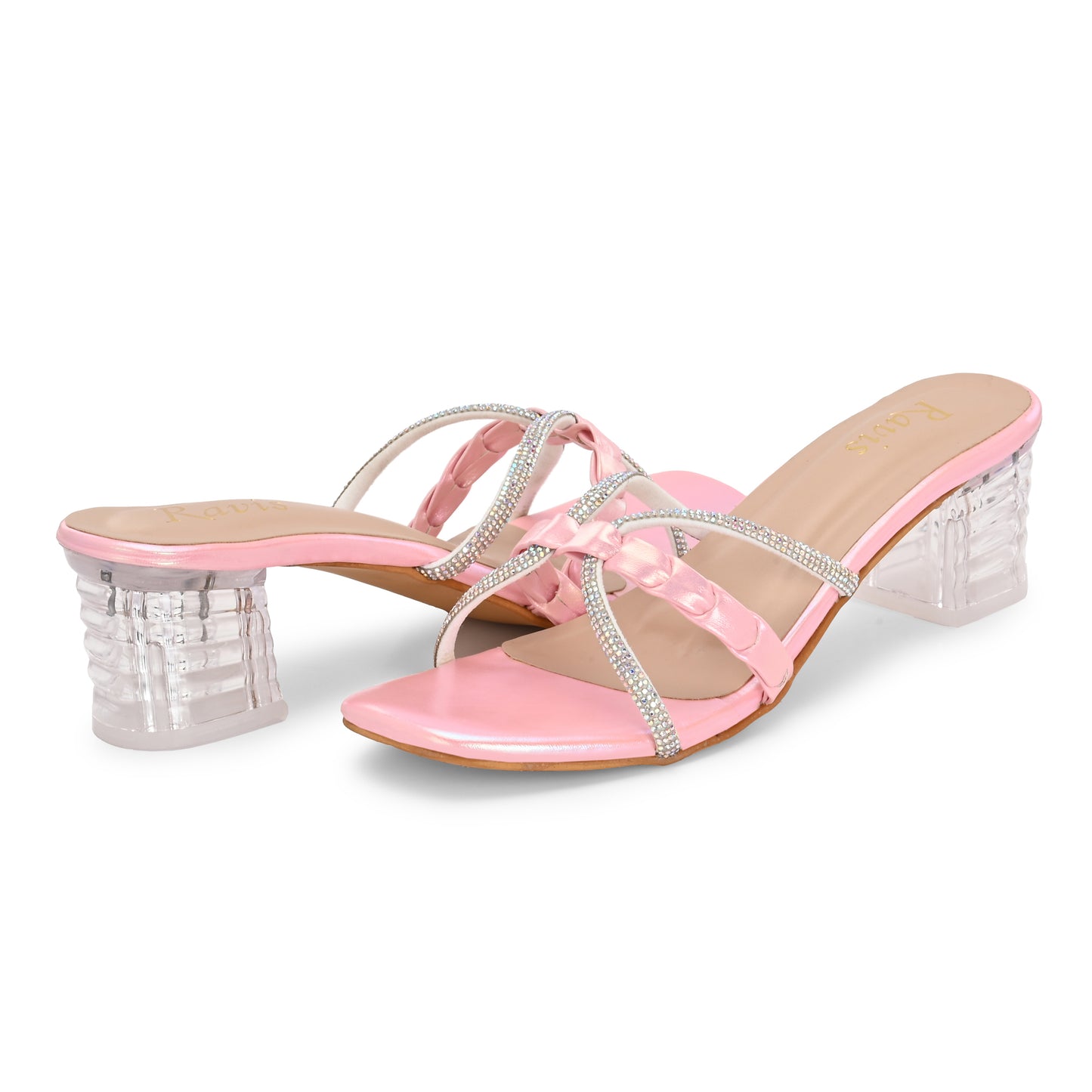 Ravis Criss-Cross Transparent Heels – Party Wear Block Slip-Ons for Women