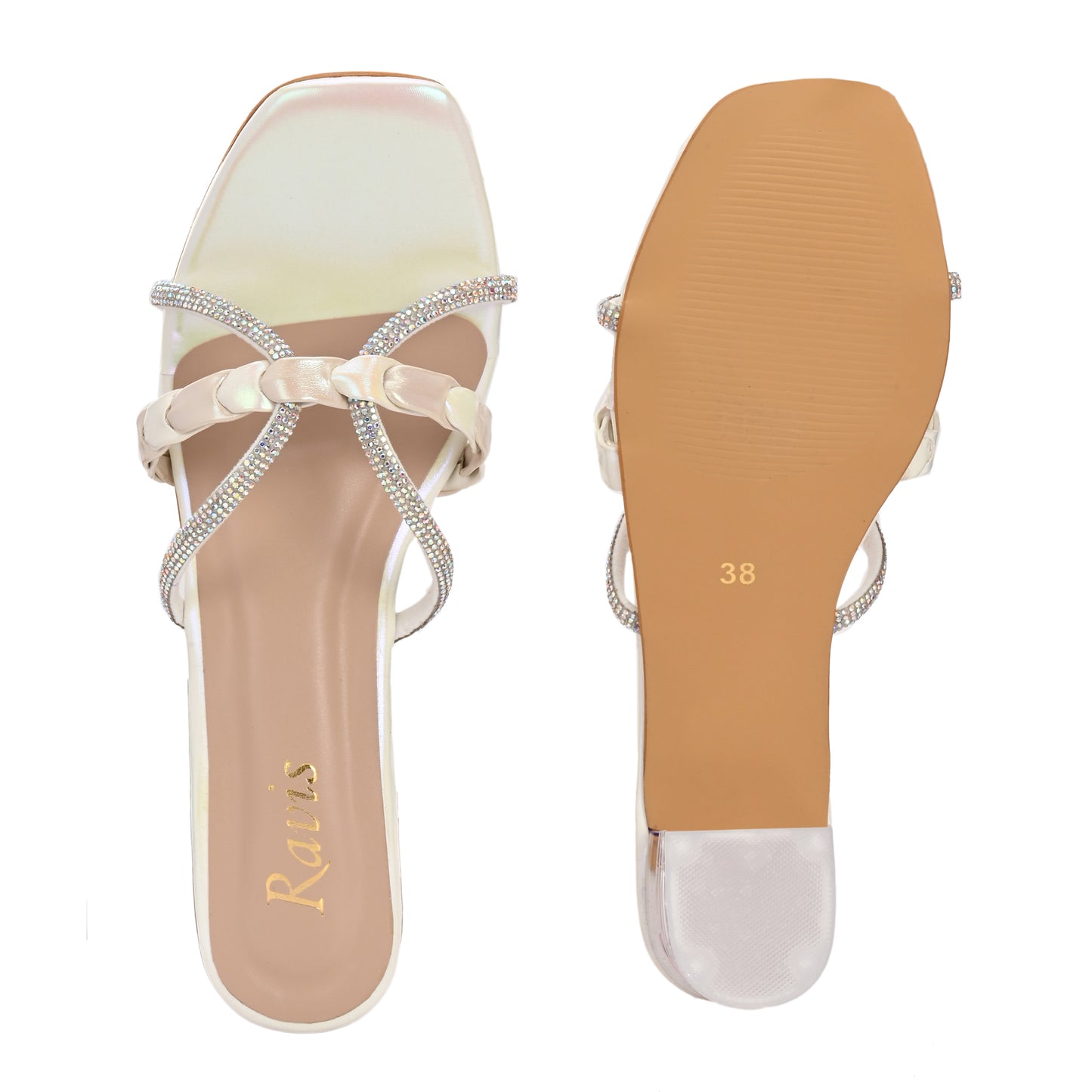 Ravis Criss-Cross Transparent Heels – Party Wear Block Slip-Ons for Women