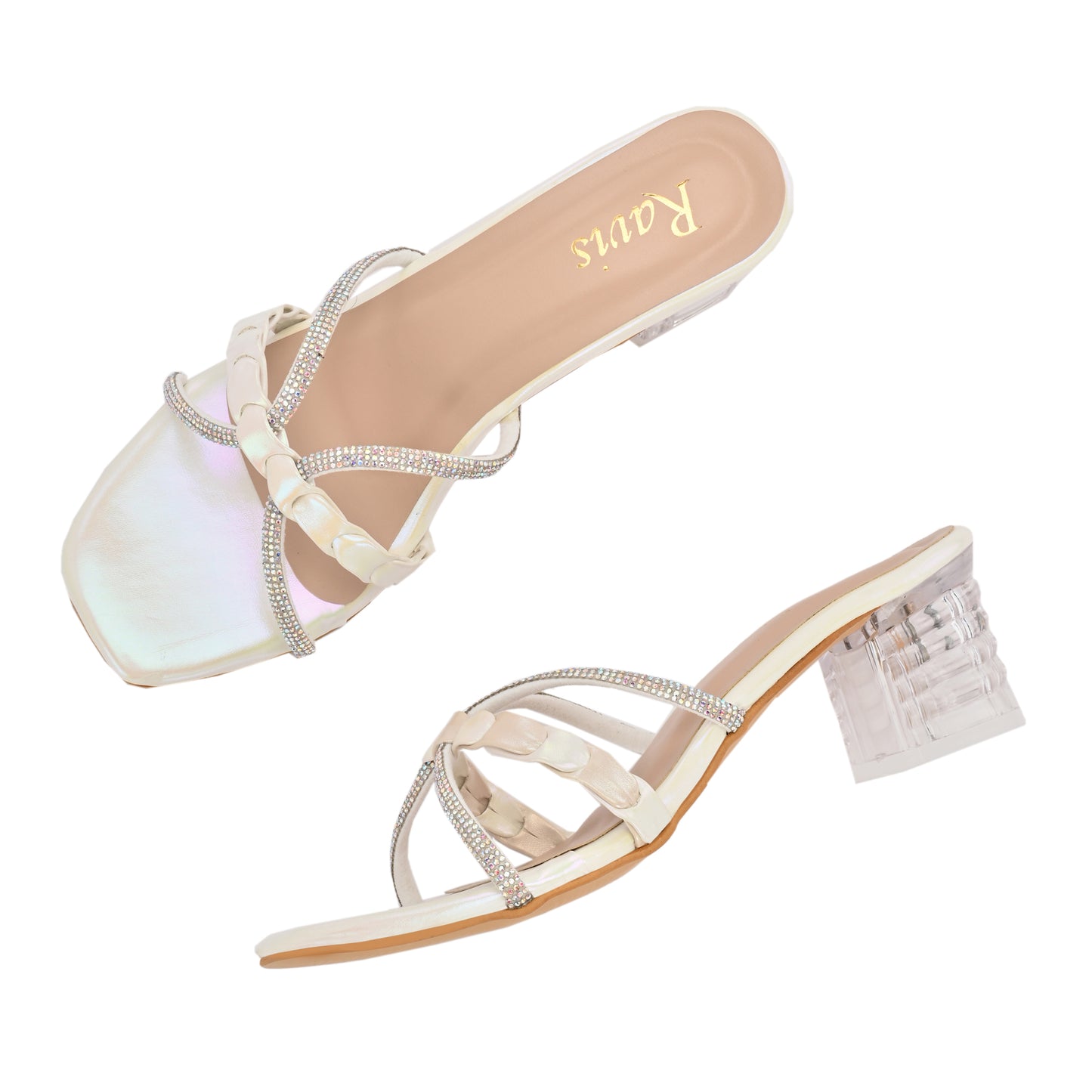 Ravis Criss-Cross Transparent Heels – Party Wear Block Slip-Ons for Women