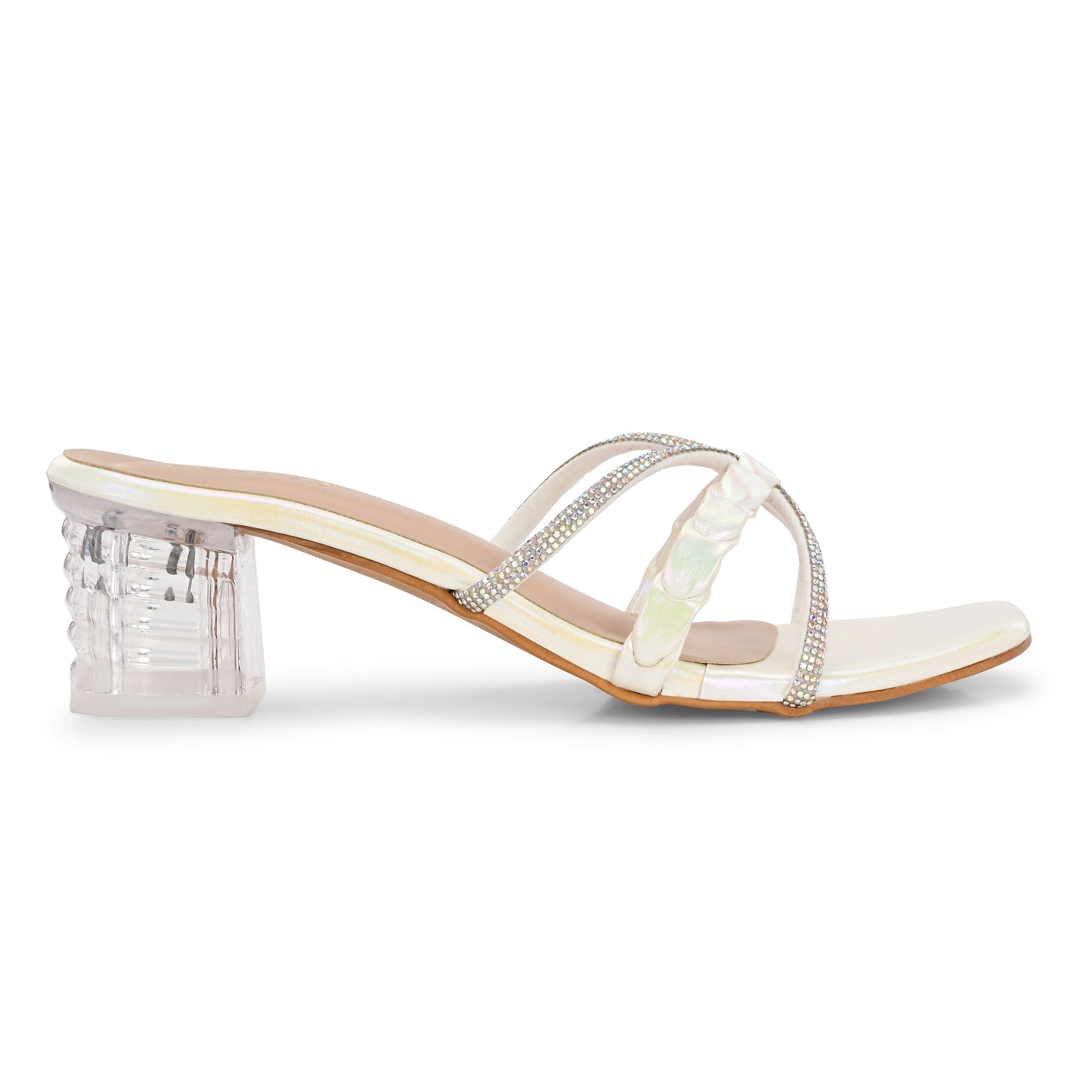 Ravis Criss-Cross Transparent Heels – Party Wear Block Slip-Ons for Women