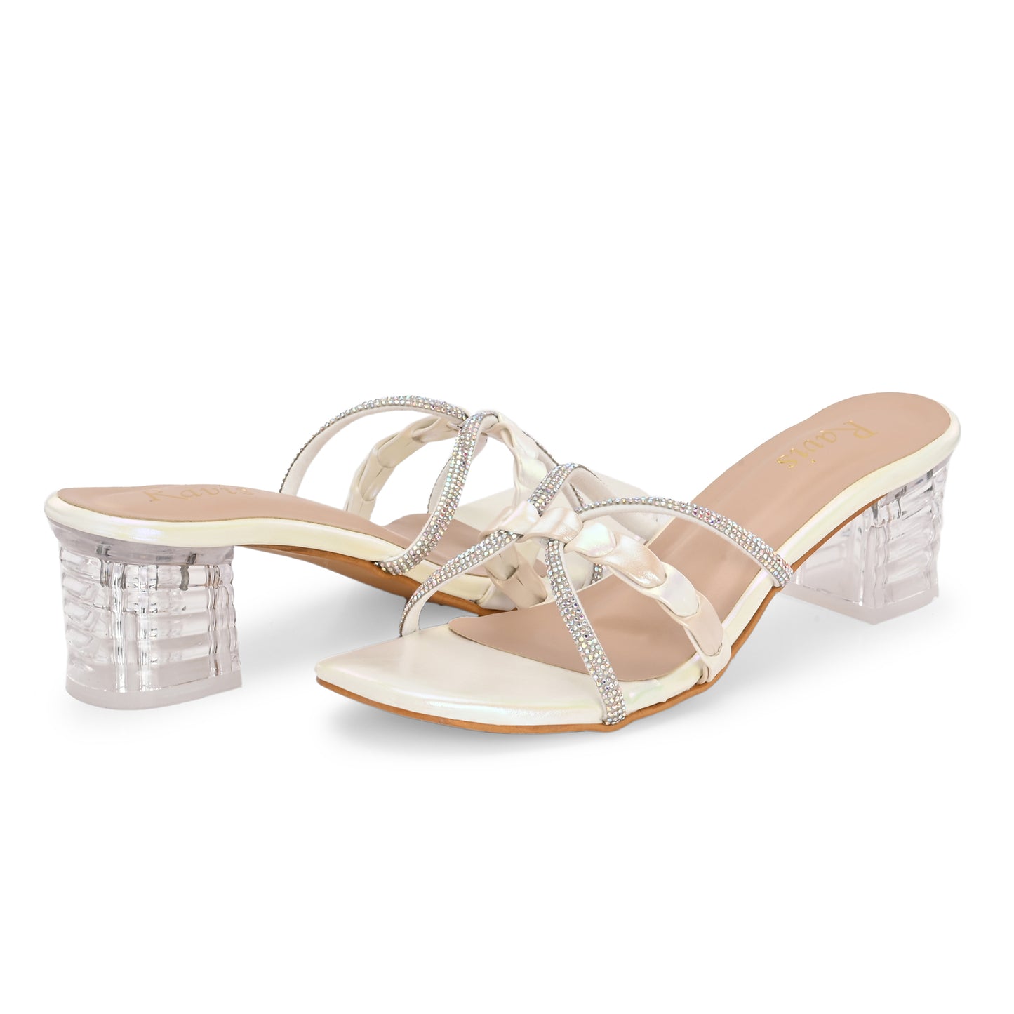Ravis Criss-Cross Transparent Heels – Party Wear Block Slip-Ons for Women