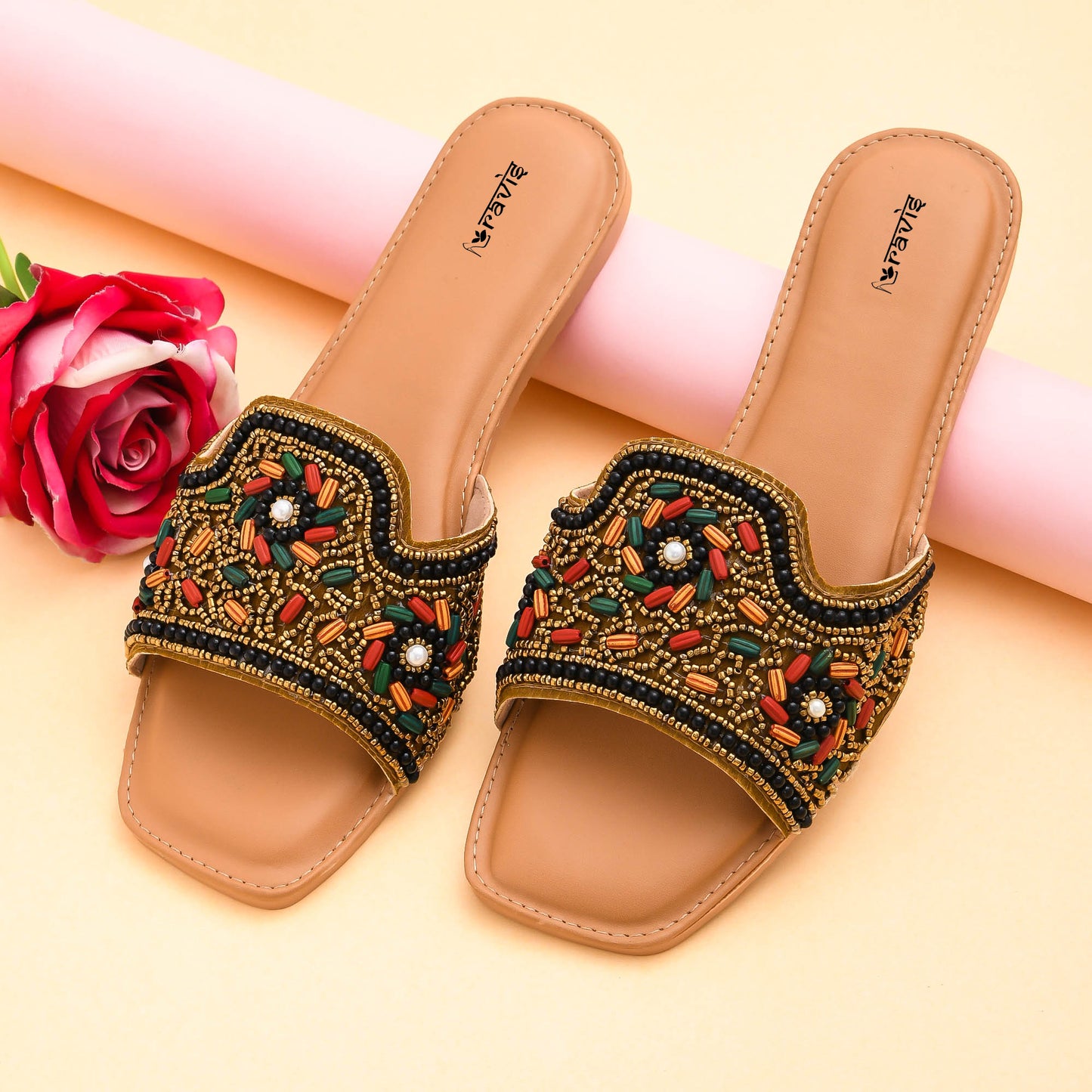 RAVIS FloralArt Ethnic Flat Slip-Ons for Women