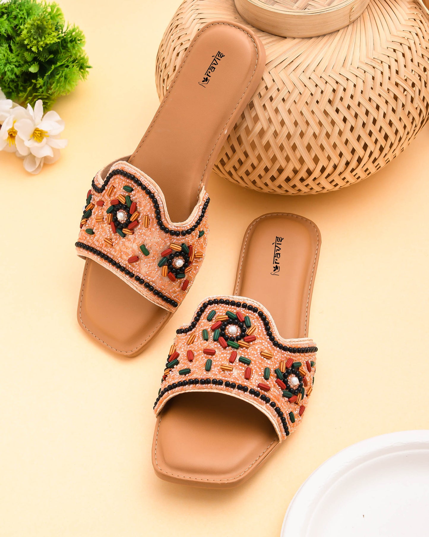 RAVIS FloralArt Ethnic Flat Slip-Ons for Women
