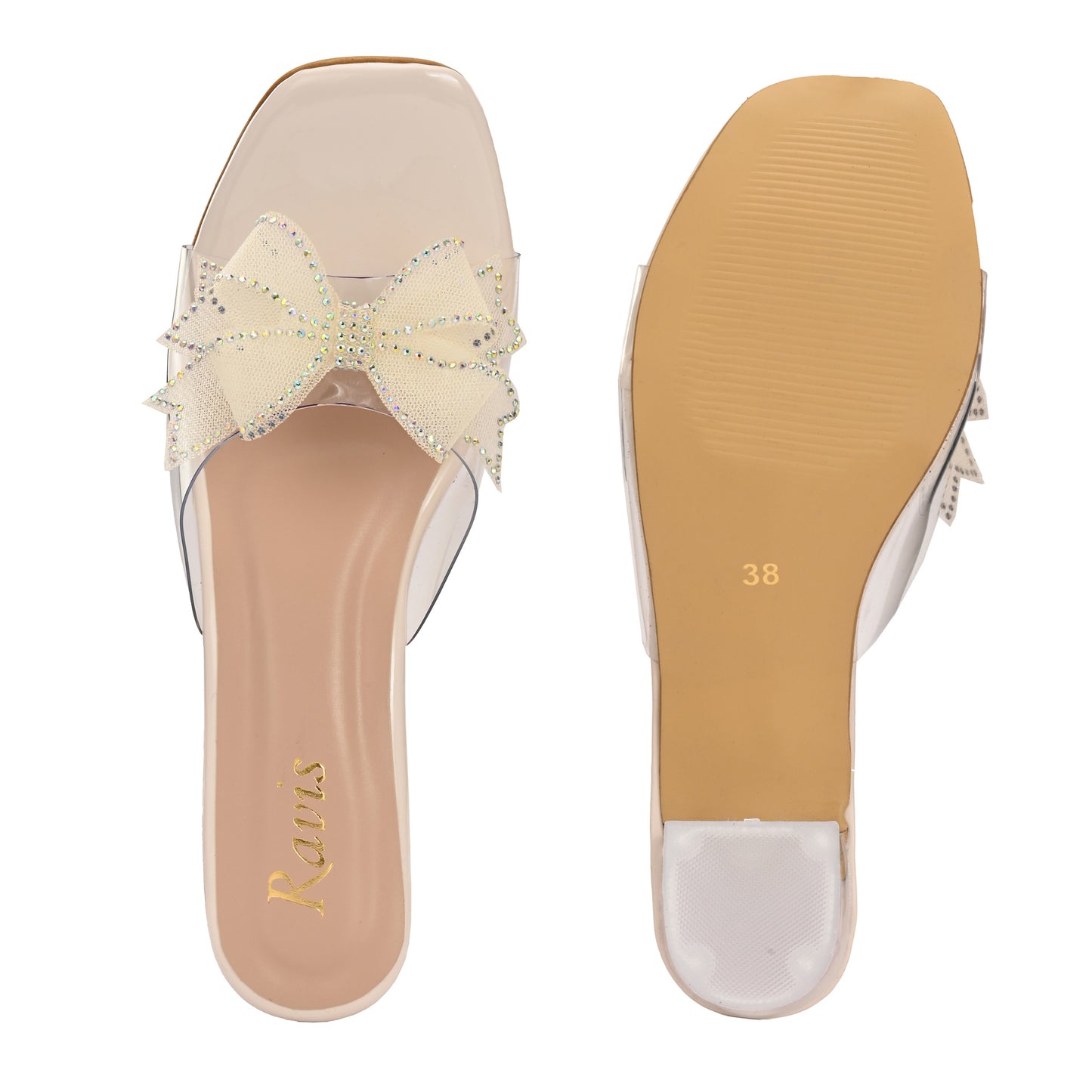 Ravis Double Bow Transparent Heels – Fancy Party Wear Slip-On for Women