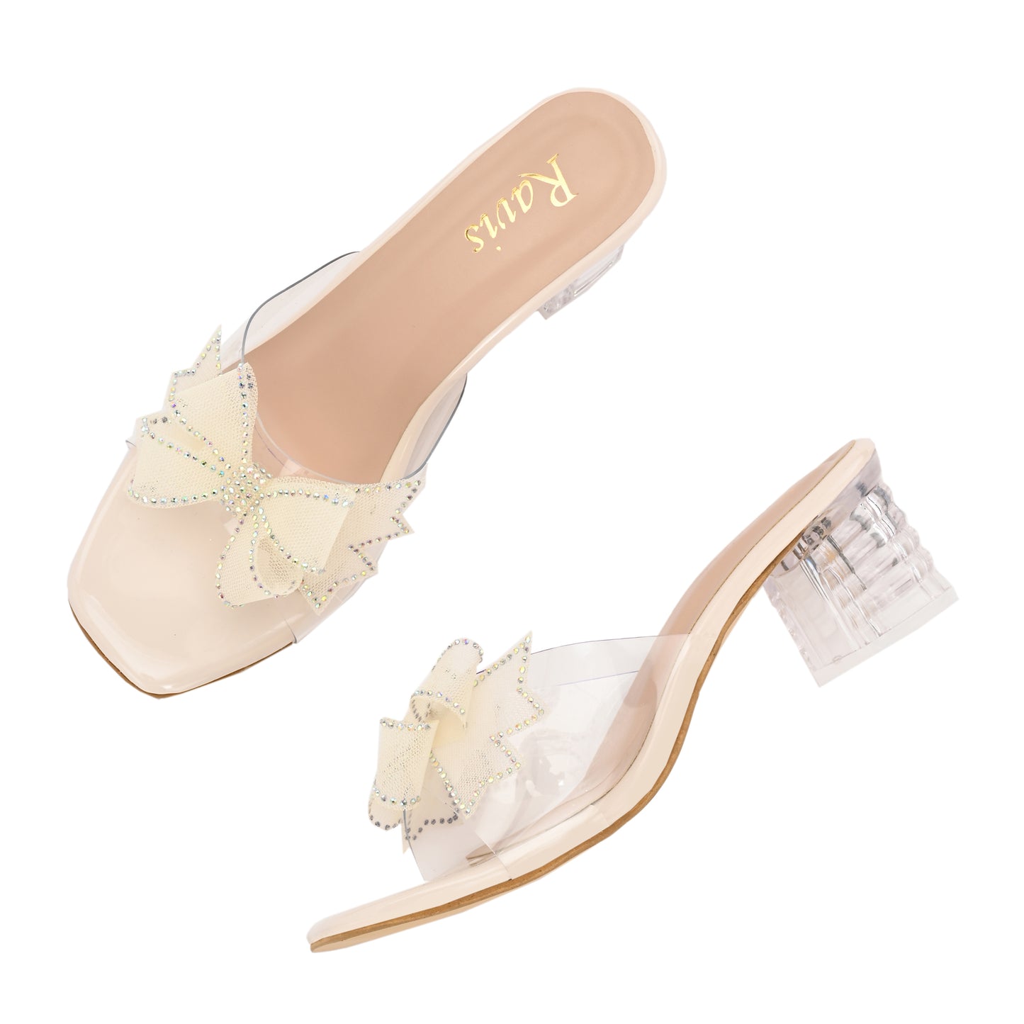 Ravis Double Bow Transparent Heels – Fancy Party Wear Slip-On for Women