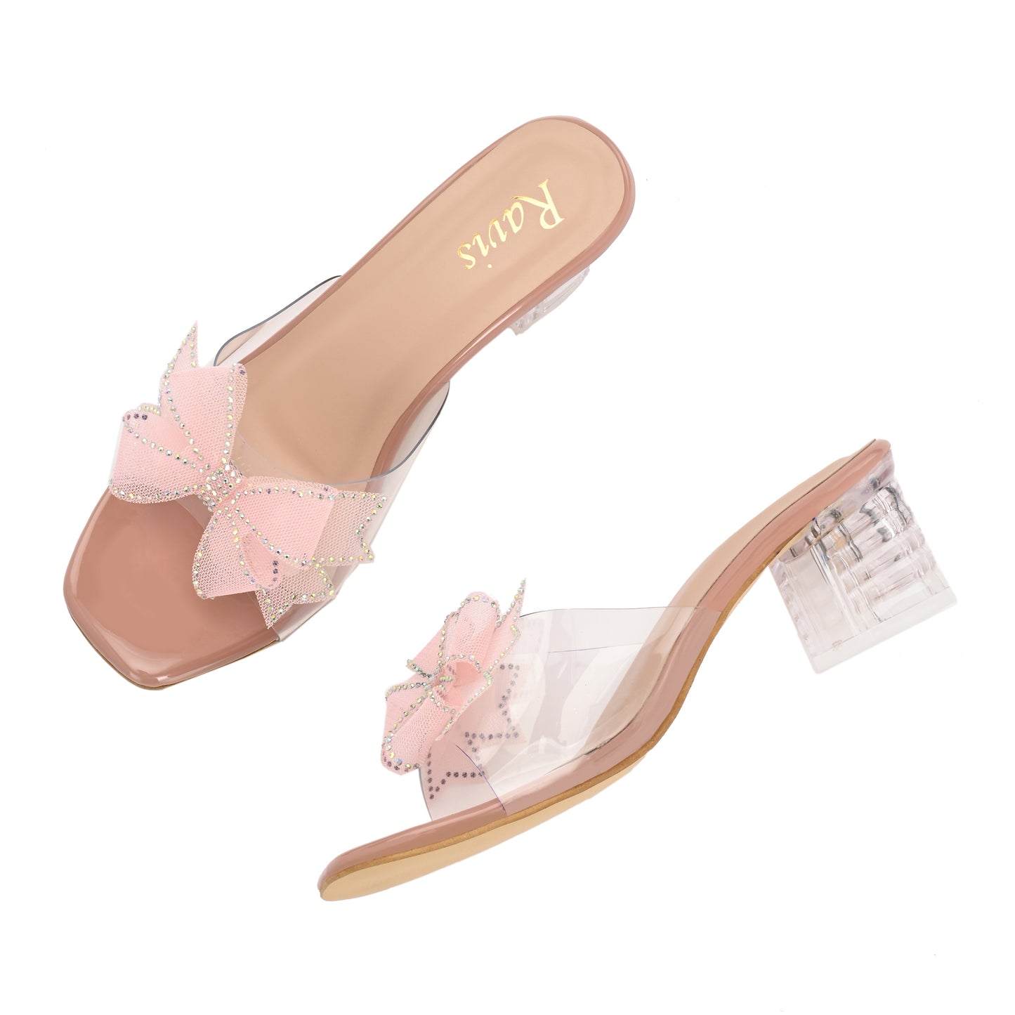 Ravis Double Bow Transparent Heels – Fancy Party Wear Slip-On for Women