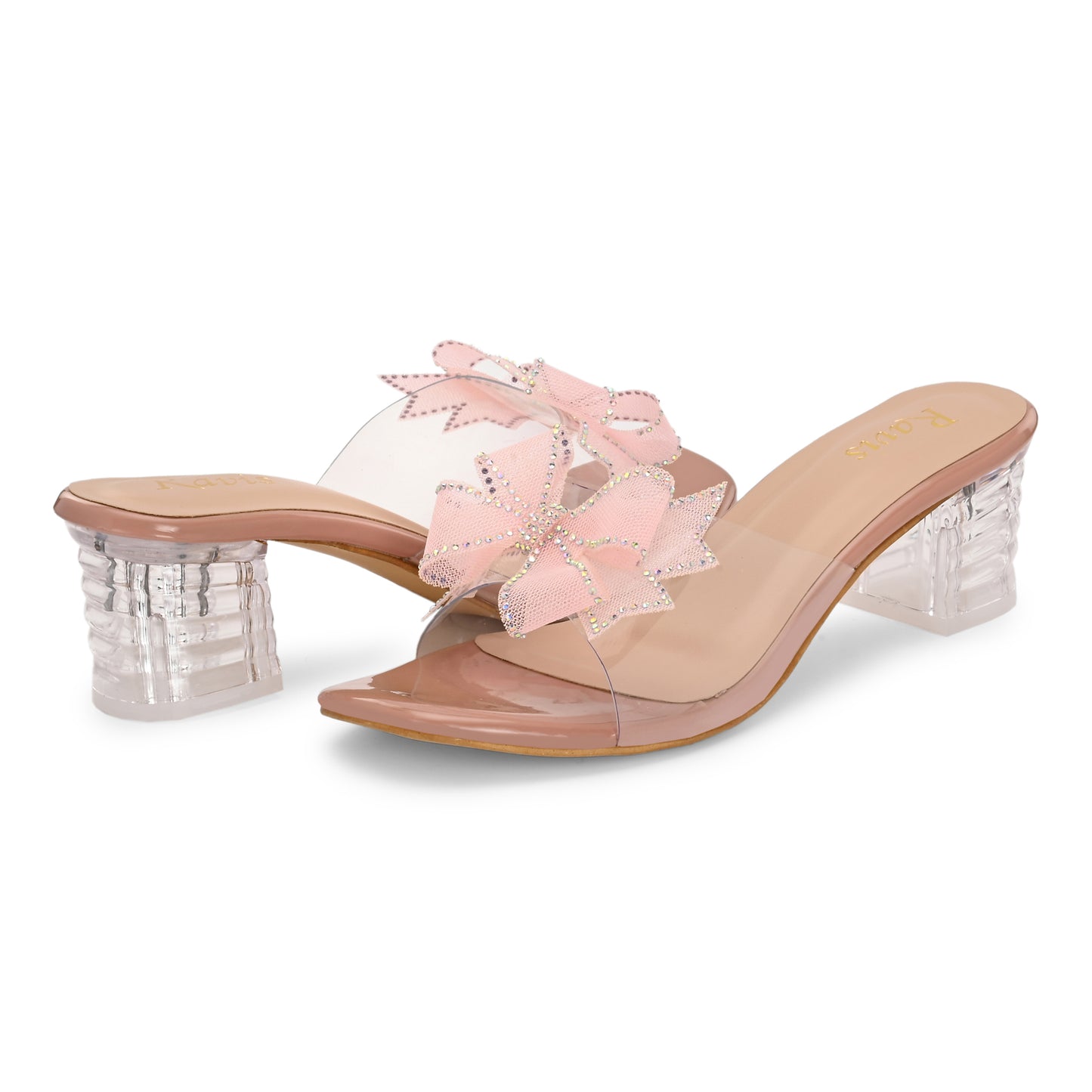 Ravis Double Bow Transparent Heels – Fancy Party Wear Slip-On for Women