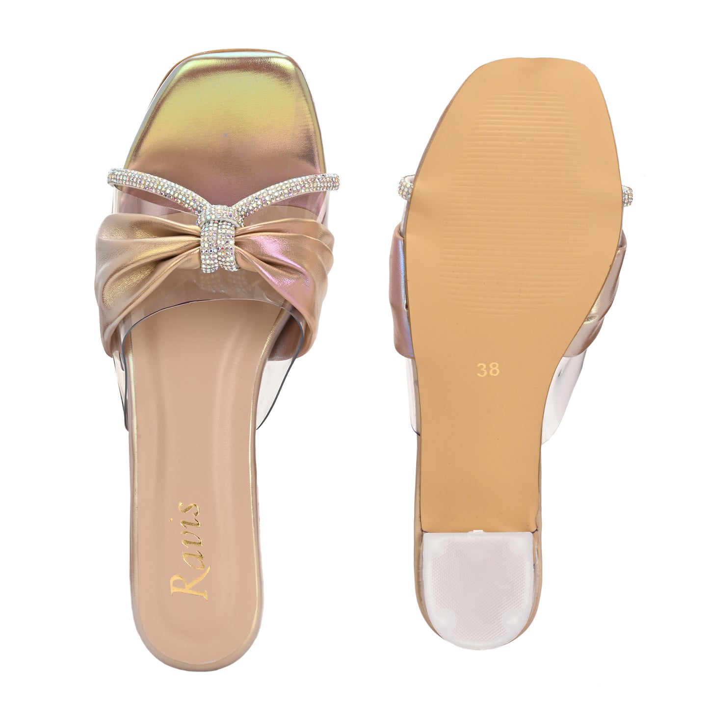 Ravis Bow Design Transparent Heels – Stylish Party Wear Slip-Ons for Women