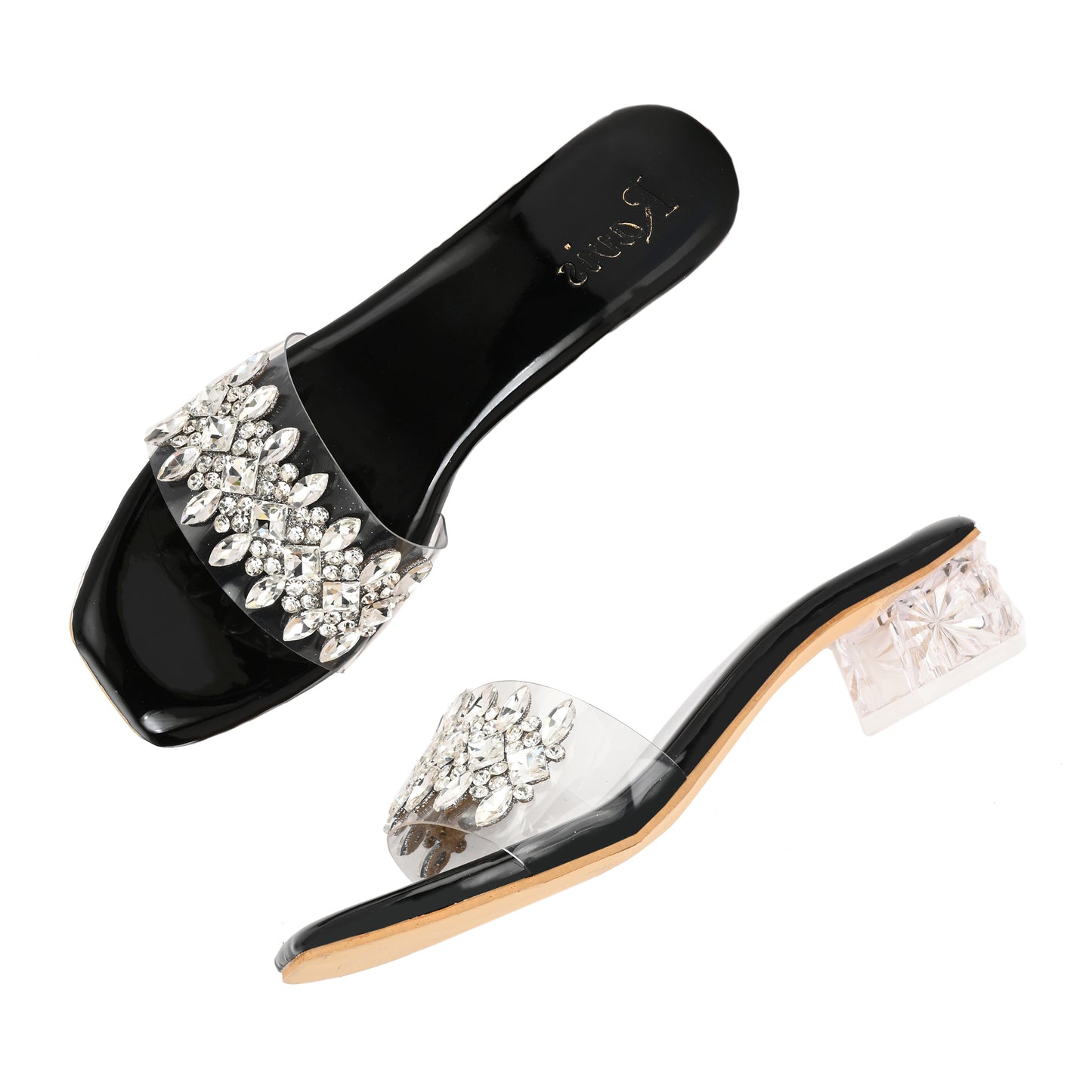 Ravis Crystal Transparent Block Heels – Stylish Slip-On Sandals for Women
