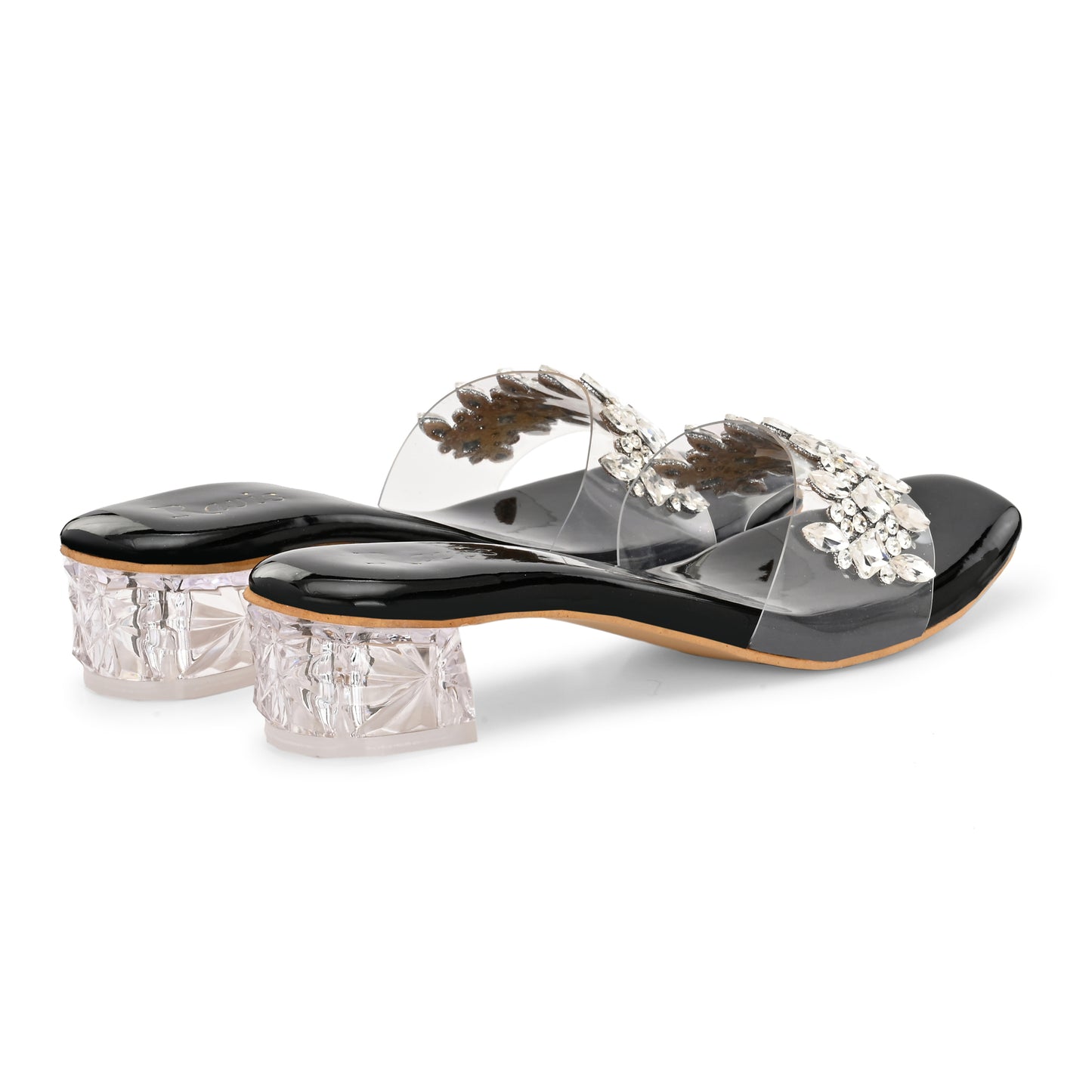 Ravis Crystal Transparent Block Heels – Stylish Slip-On Sandals for Women