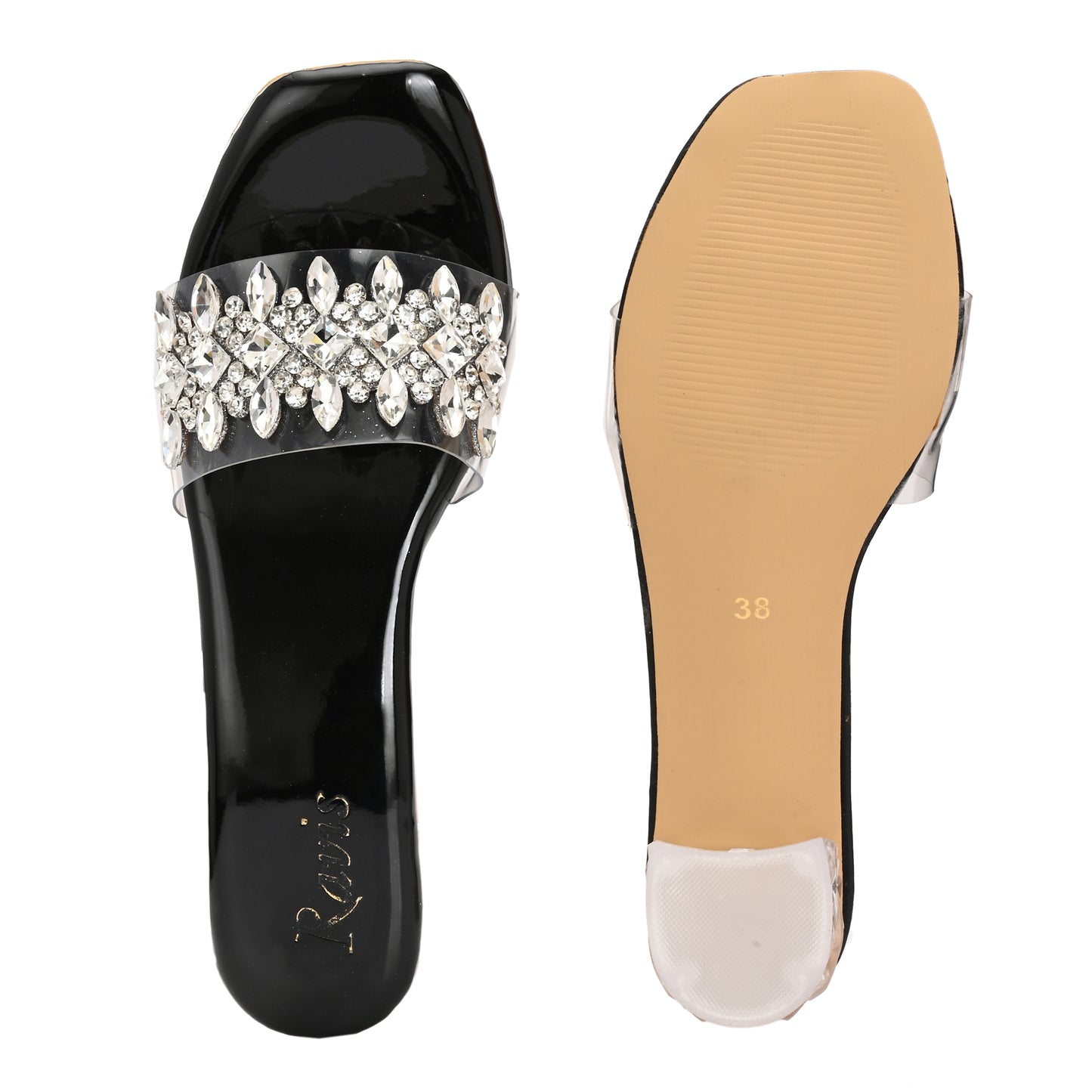 Ravis Crystal Transparent Block Heels – Stylish Slip-On Sandals for Women