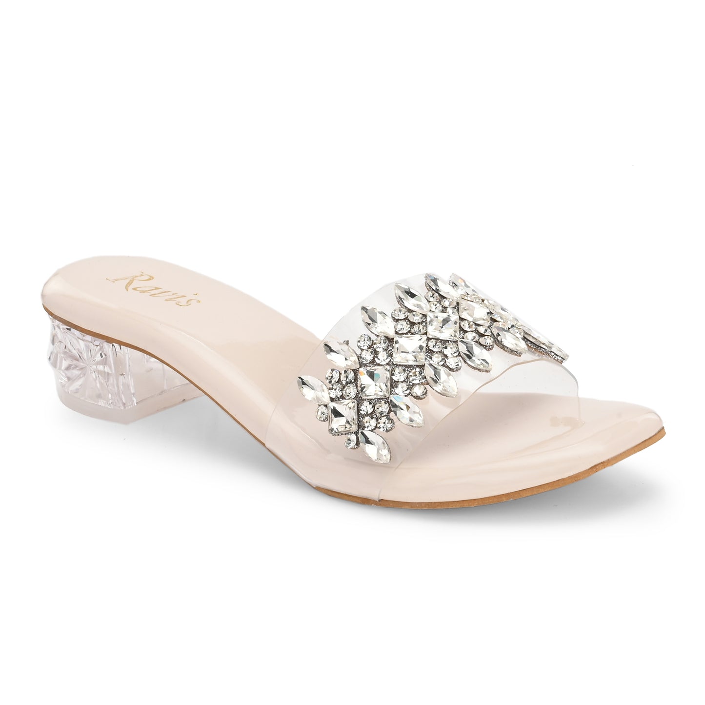 Ravis Crystal Transparent Block Heels – Stylish Slip-On Sandals for Women