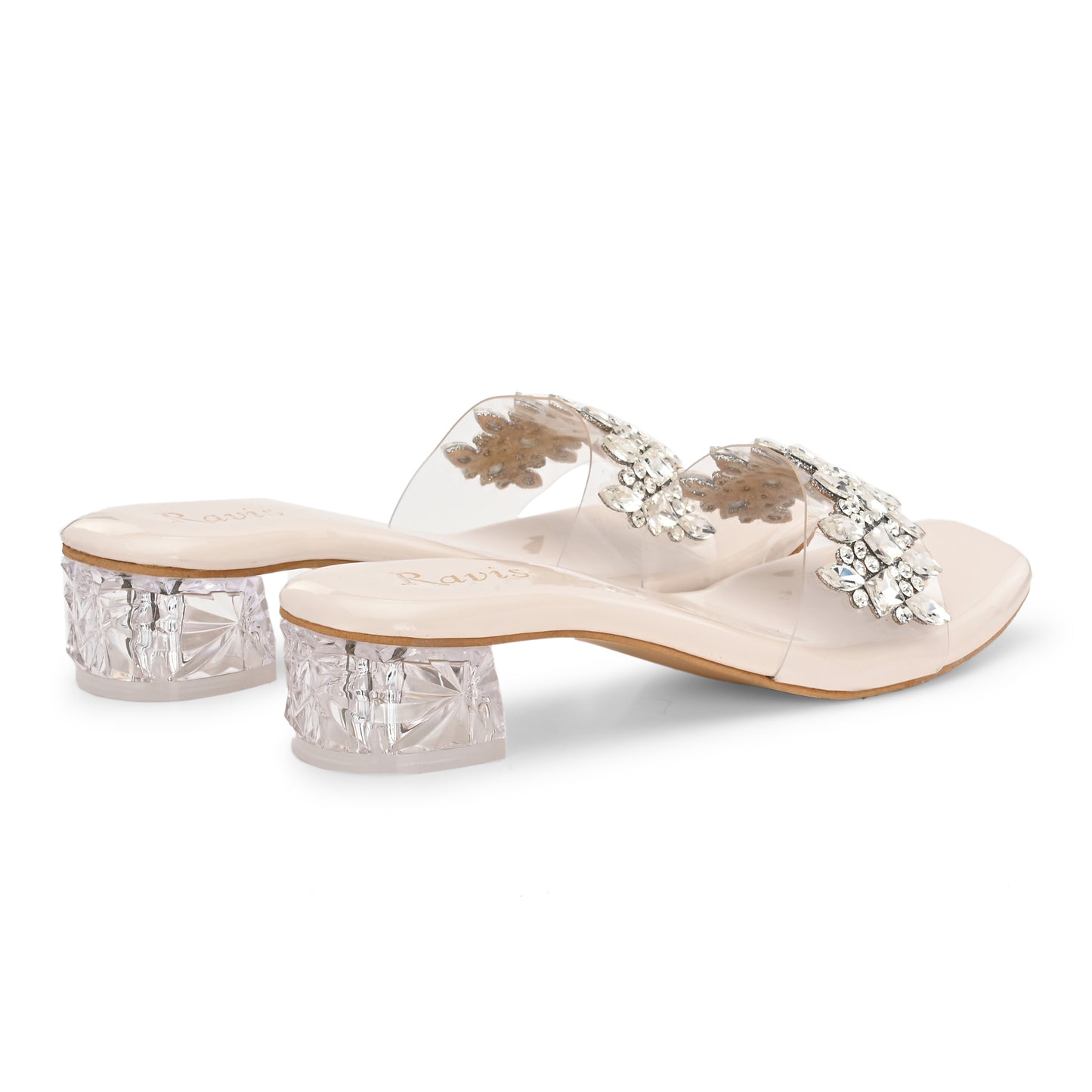 Ravis Crystal Transparent Block Heels – Stylish Slip-On Sandals for Women