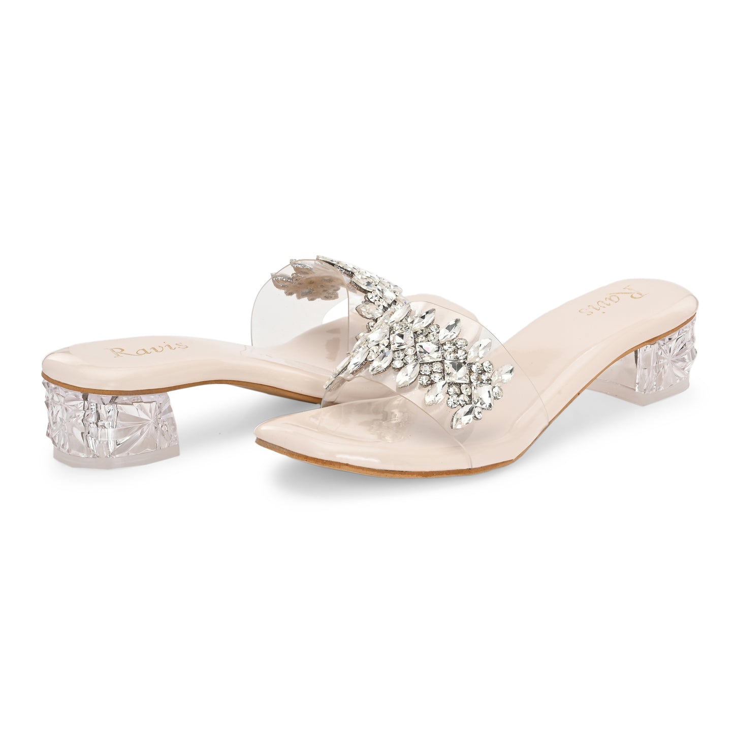 Ravis Crystal Transparent Block Heels – Stylish Slip-On Sandals for Women
