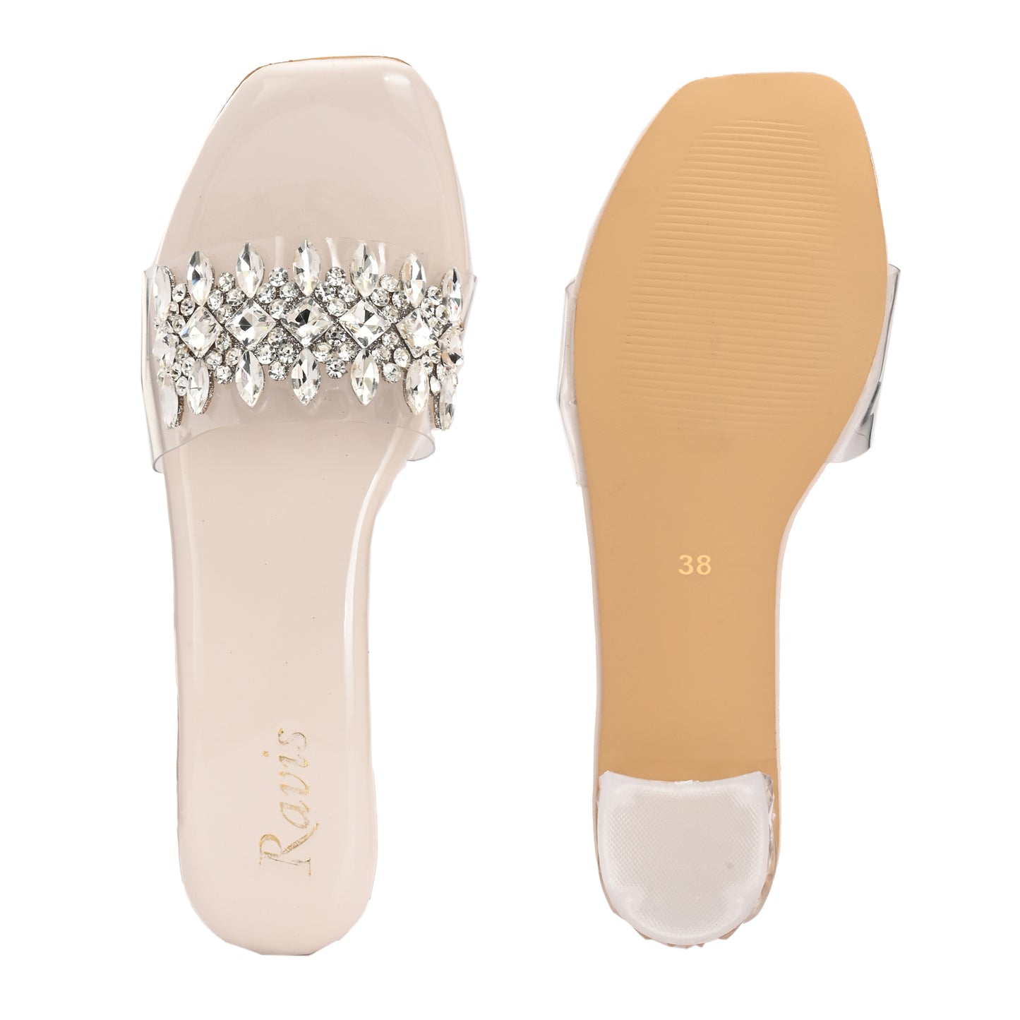 Ravis Crystal Transparent Block Heels – Stylish Slip-On Sandals for Women