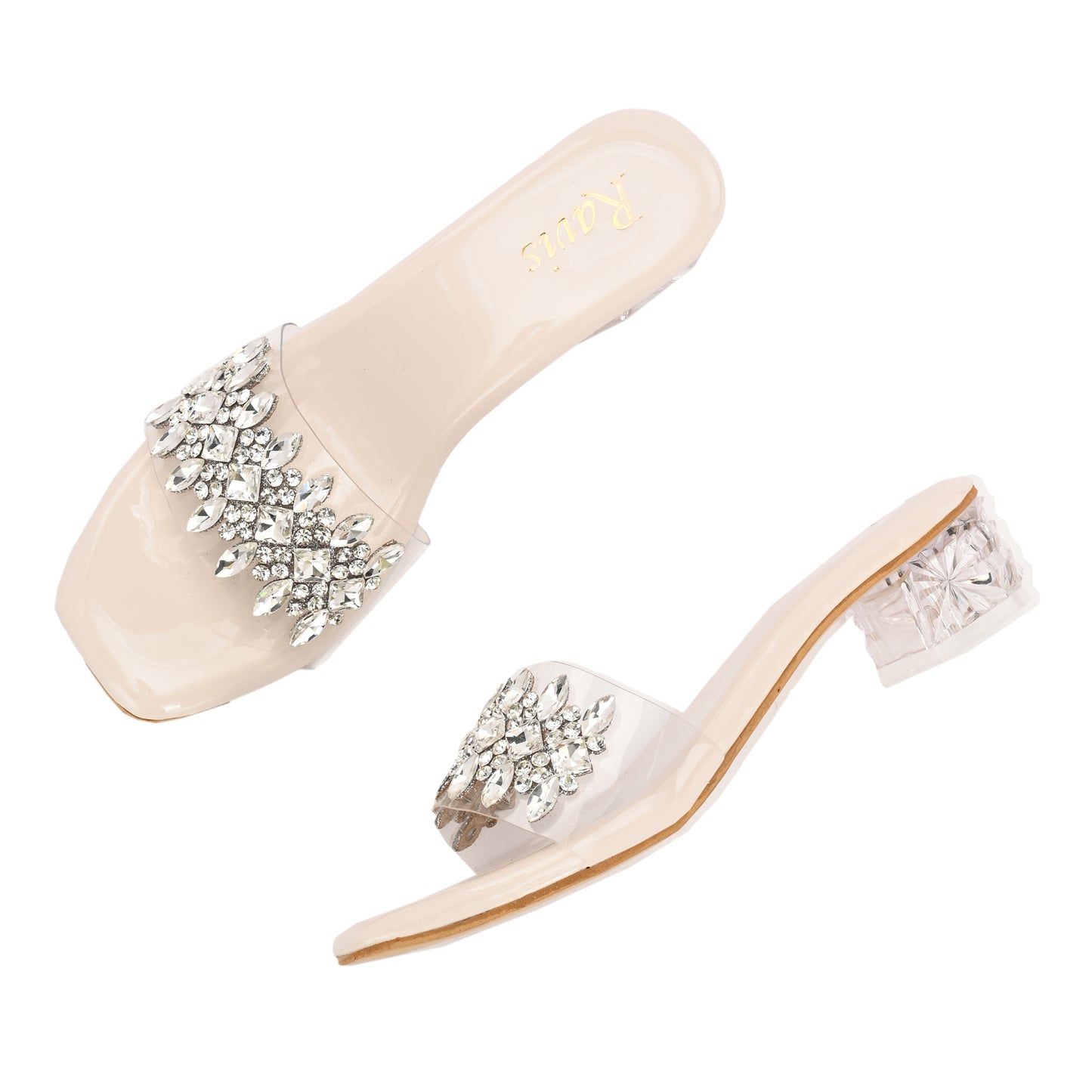 Ravis Crystal Transparent Block Heels – Stylish Slip-On Sandals for Women