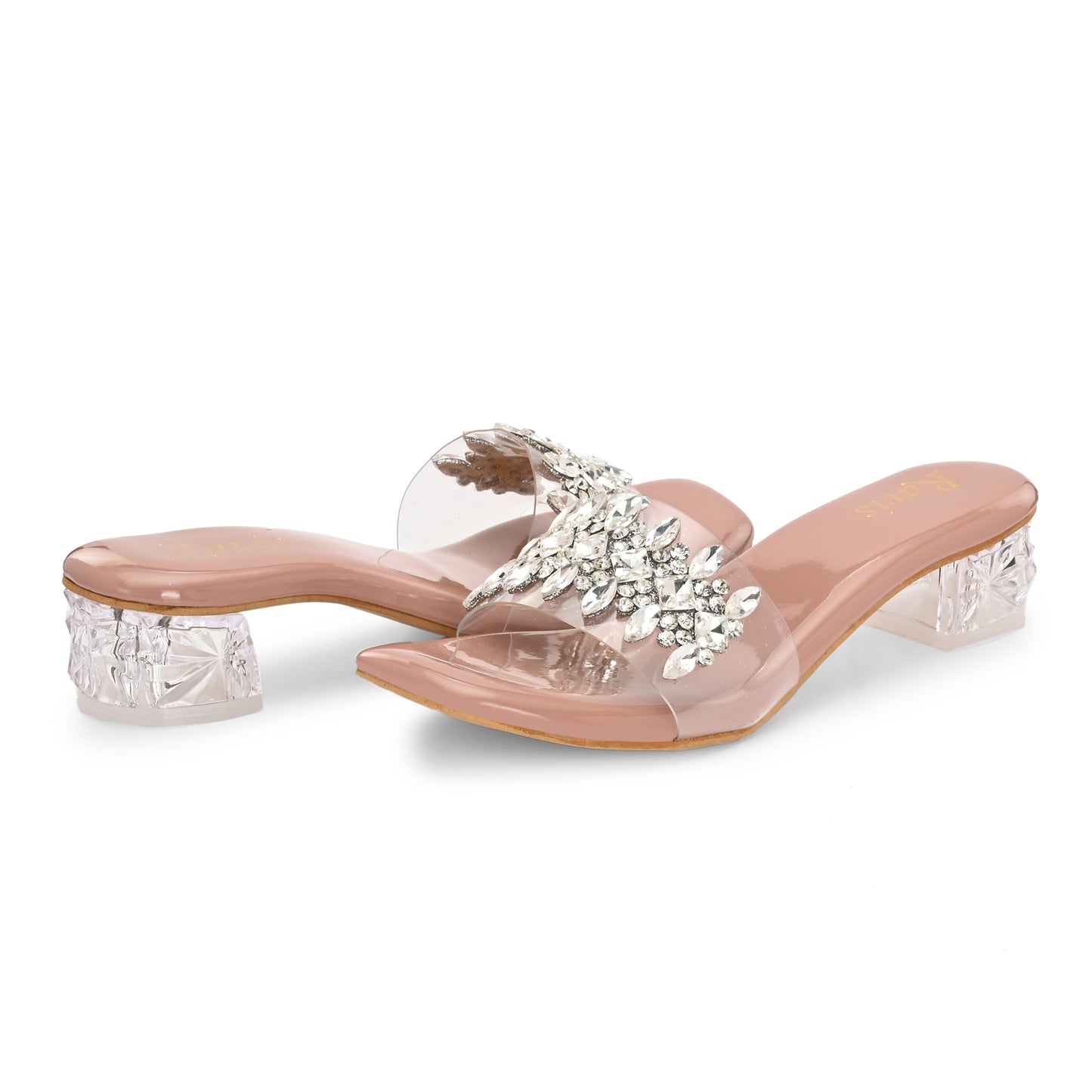 Ravis Crystal Transparent Block Heels – Stylish Slip-On Sandals for Women