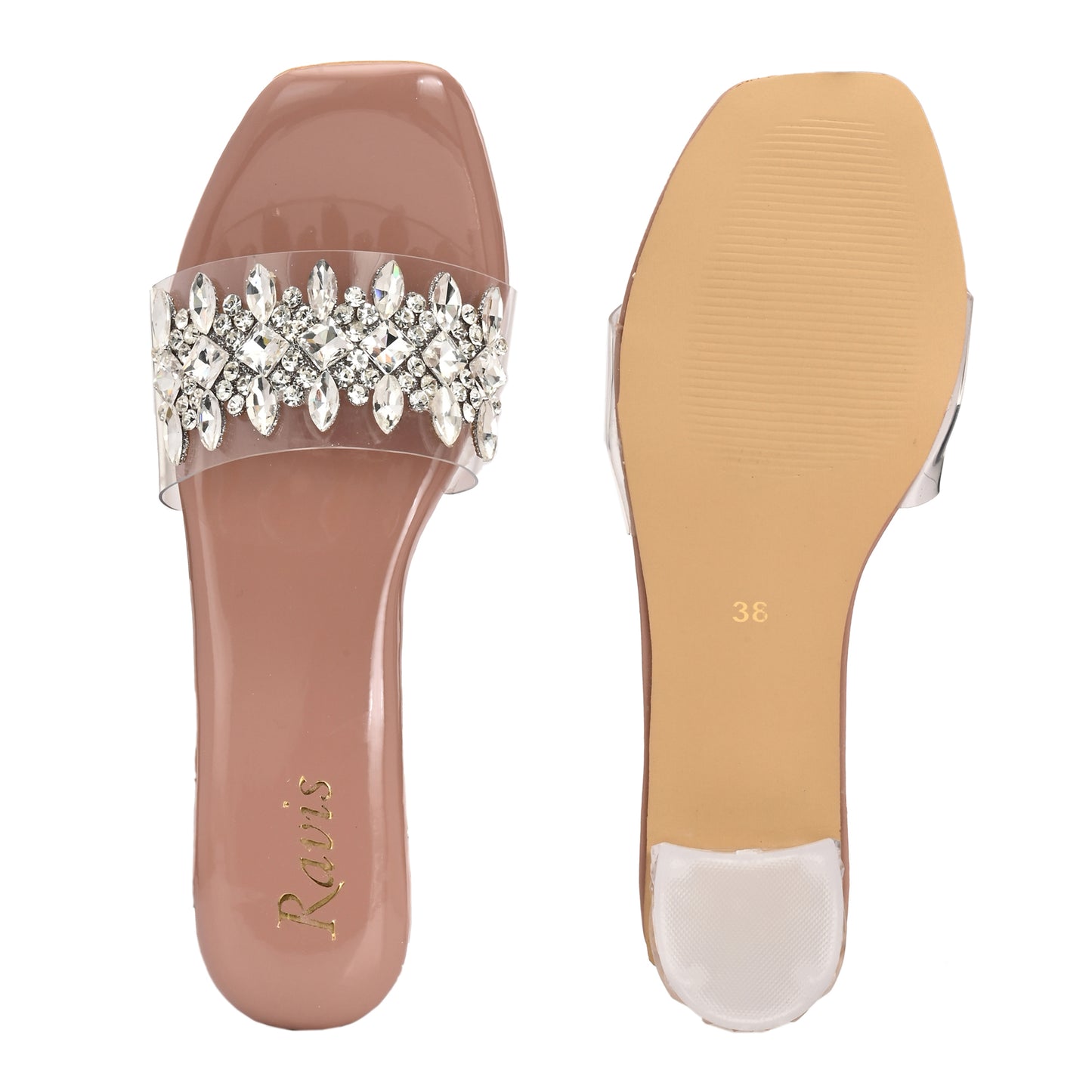 Ravis Crystal Transparent Block Heels – Stylish Slip-On Sandals for Women