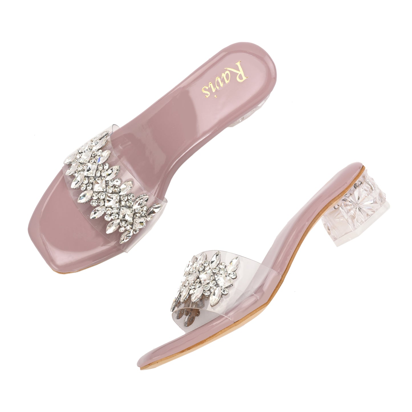 Ravis Crystal Transparent Block Heels – Stylish Slip-On Sandals for Women