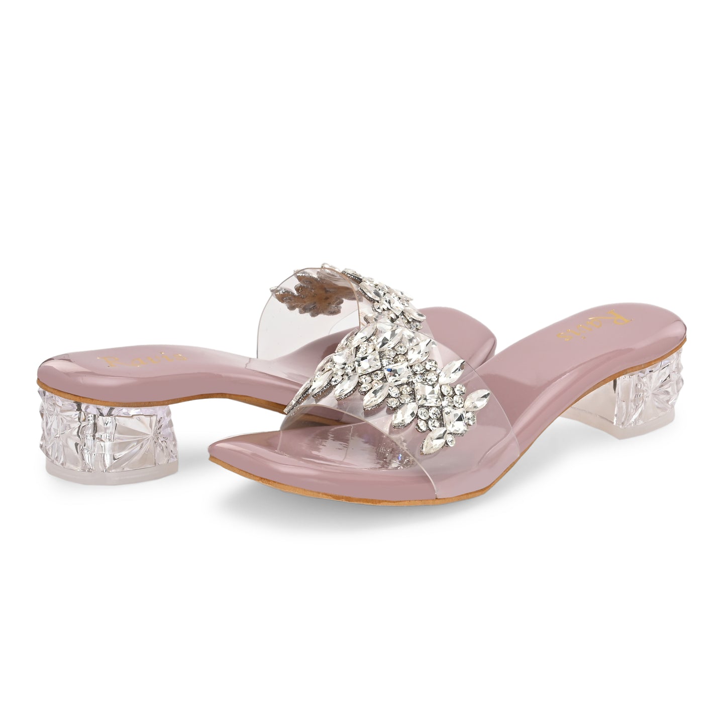 Ravis Crystal Transparent Block Heels – Stylish Slip-On Sandals for Women