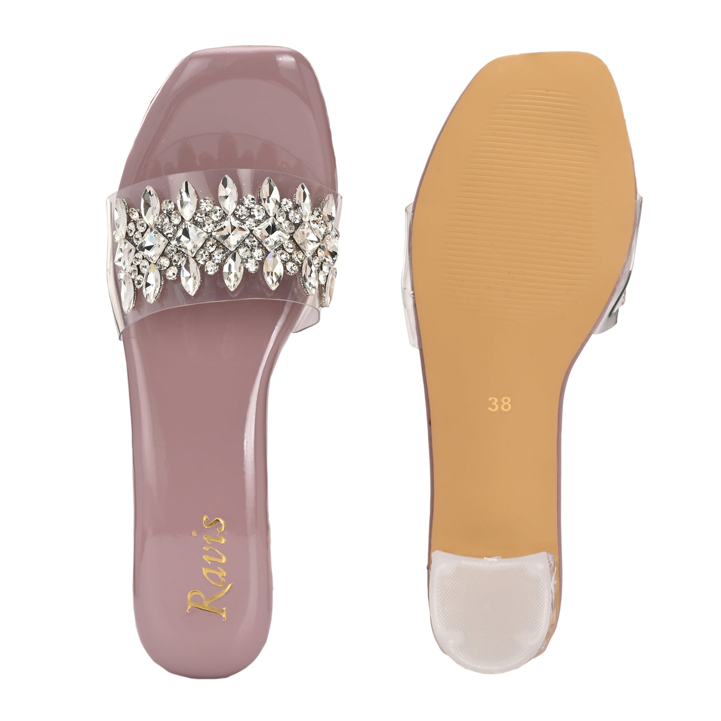 Ravis Crystal Transparent Block Heels – Stylish Slip-On Sandals for Women