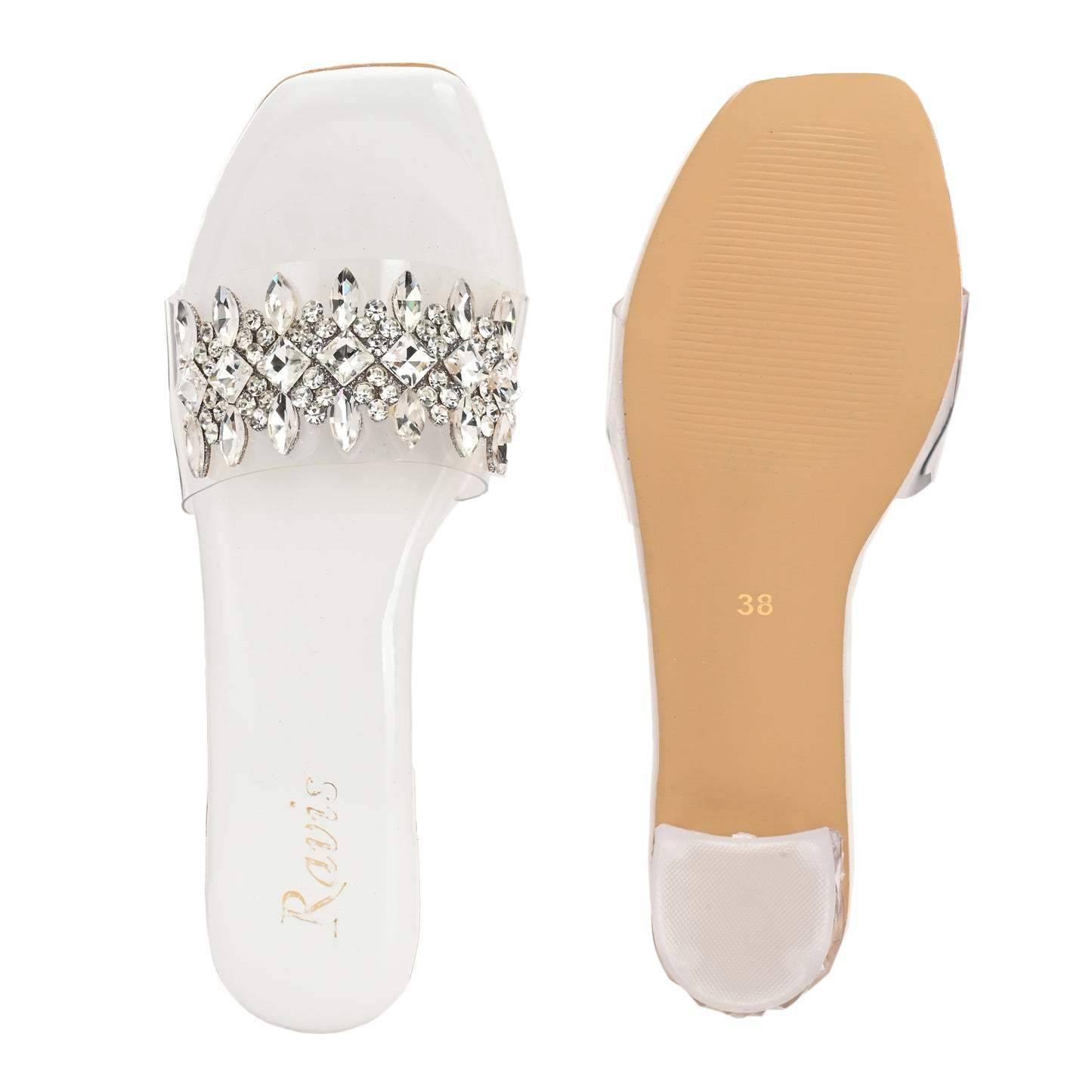 Ravis Crystal Transparent Block Heels – Stylish Slip-On Sandals for Women