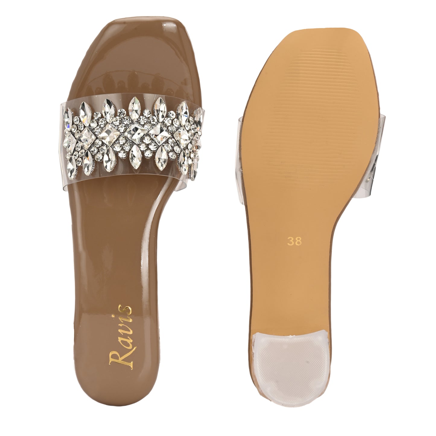 Ravis Crystal Transparent Block Heels – Stylish Slip-On Sandals for Women