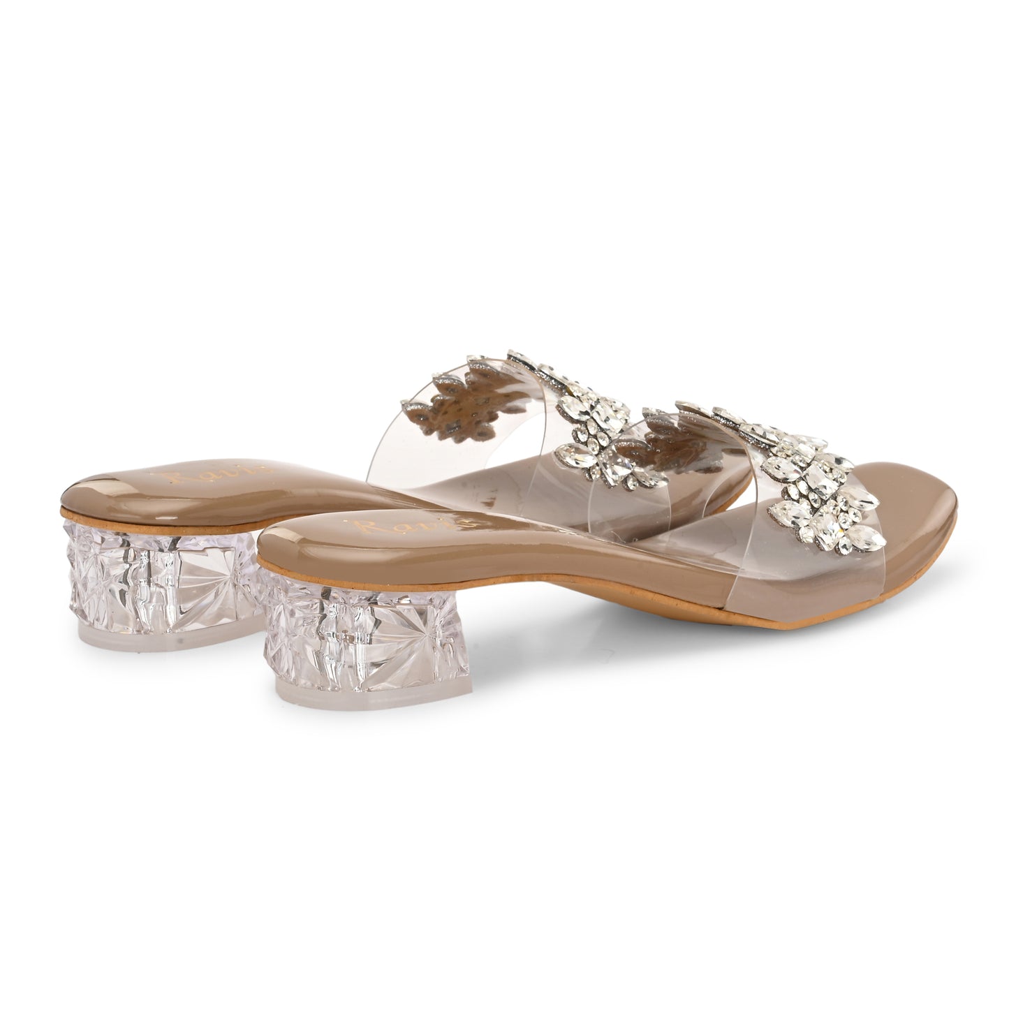 Ravis Crystal Transparent Block Heels – Stylish Slip-On Sandals for Women