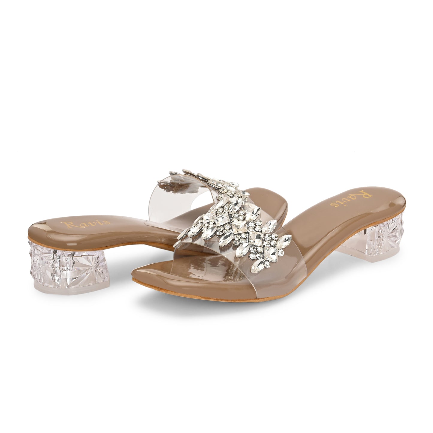 Ravis Crystal Transparent Block Heels – Stylish Slip-On Sandals for Women