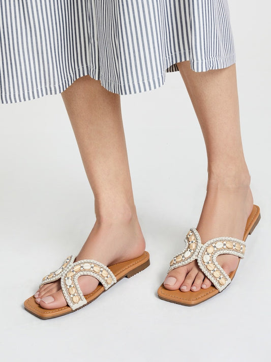 RAVIS Sheshell Cream Moti Embellished Flat Slippers