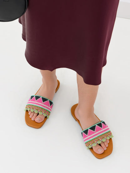 RAVIS Boho Fringe Slides for Women – Trendy Tassel Flats for Casual Outings