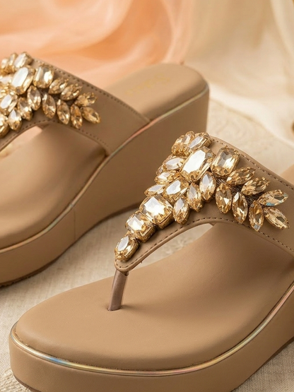 Beige Royal Spark Embellished Wedges for Women Close Up Detail Ravis Footwear