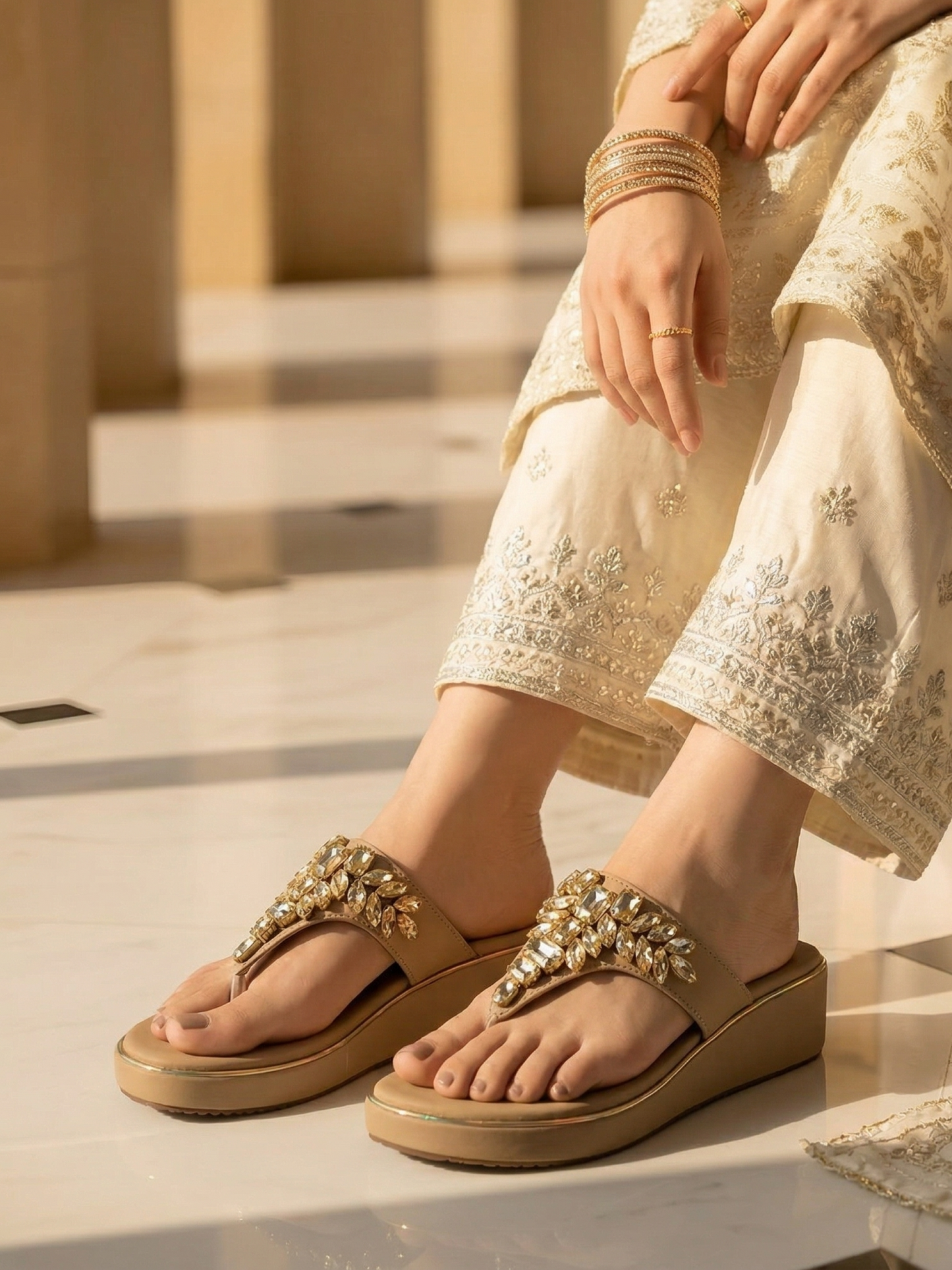 Beige Royal Spark Embellished Wedges for Women Lifestyle Shot Ravis Footwear