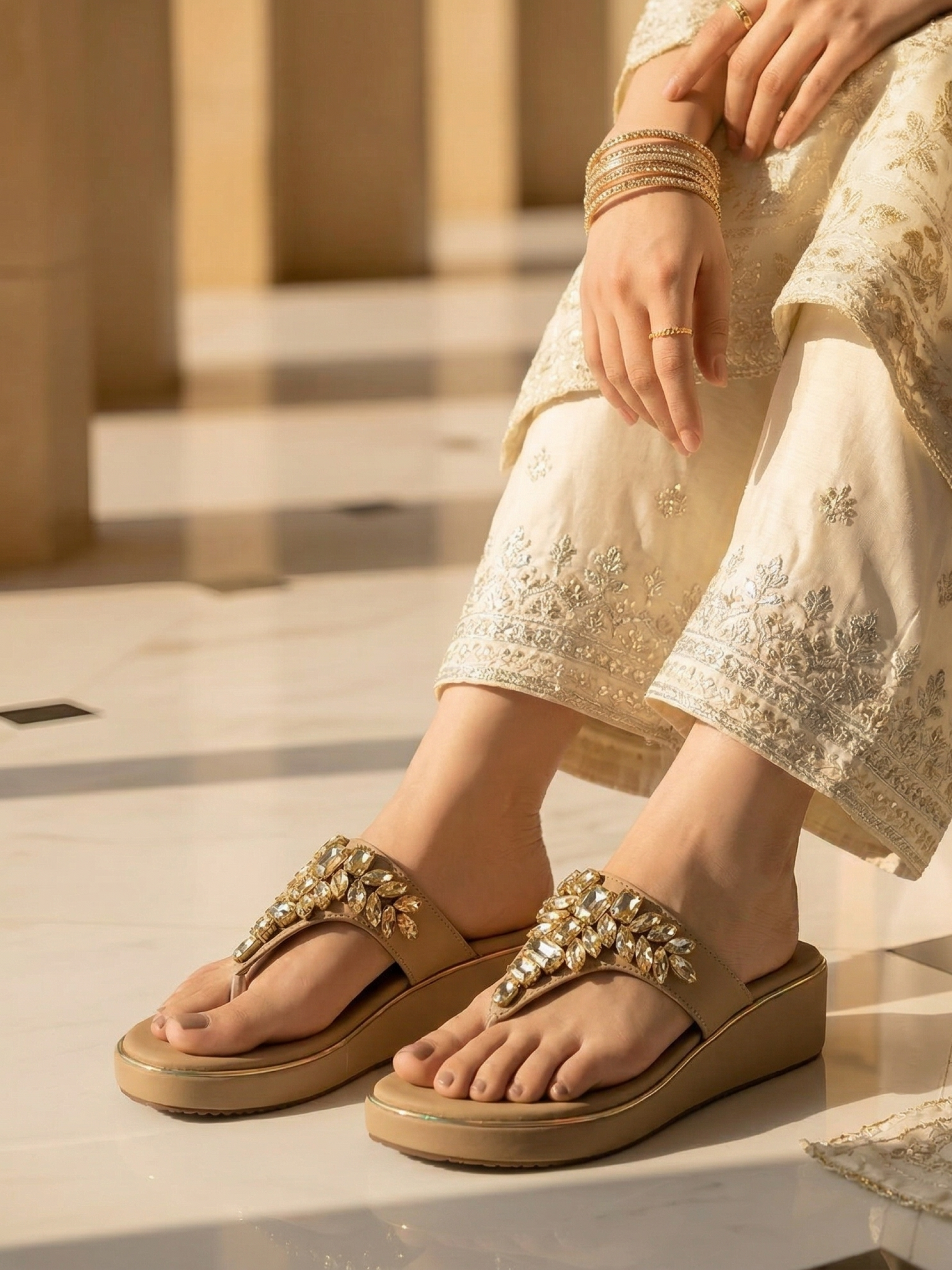 Beige Royal Spark Embellished Wedges for Women Lifestyle Shot Ravis Footwear