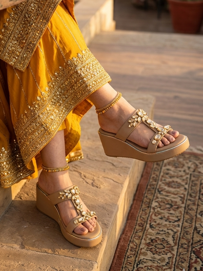 women wearing gold embellished wedge sliders ethnic festive sandals comfortable platform heels India